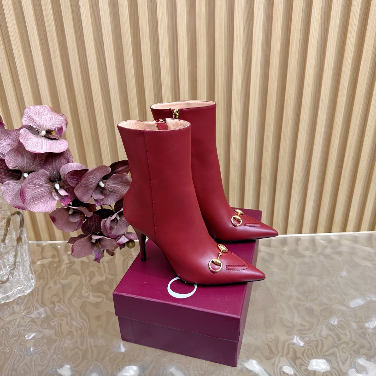 Gucci 2025 Thick-heeled Square-toed Ankle Boots Red Sheepskin 498068