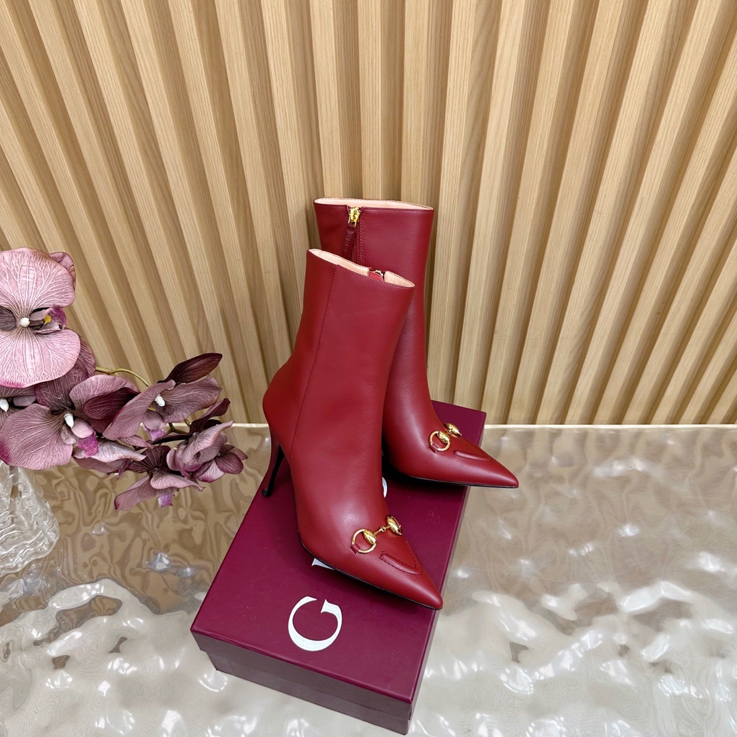 Gucci 2025 Thick-heeled Square-toed Ankle Boots Red Sheepskin 498068