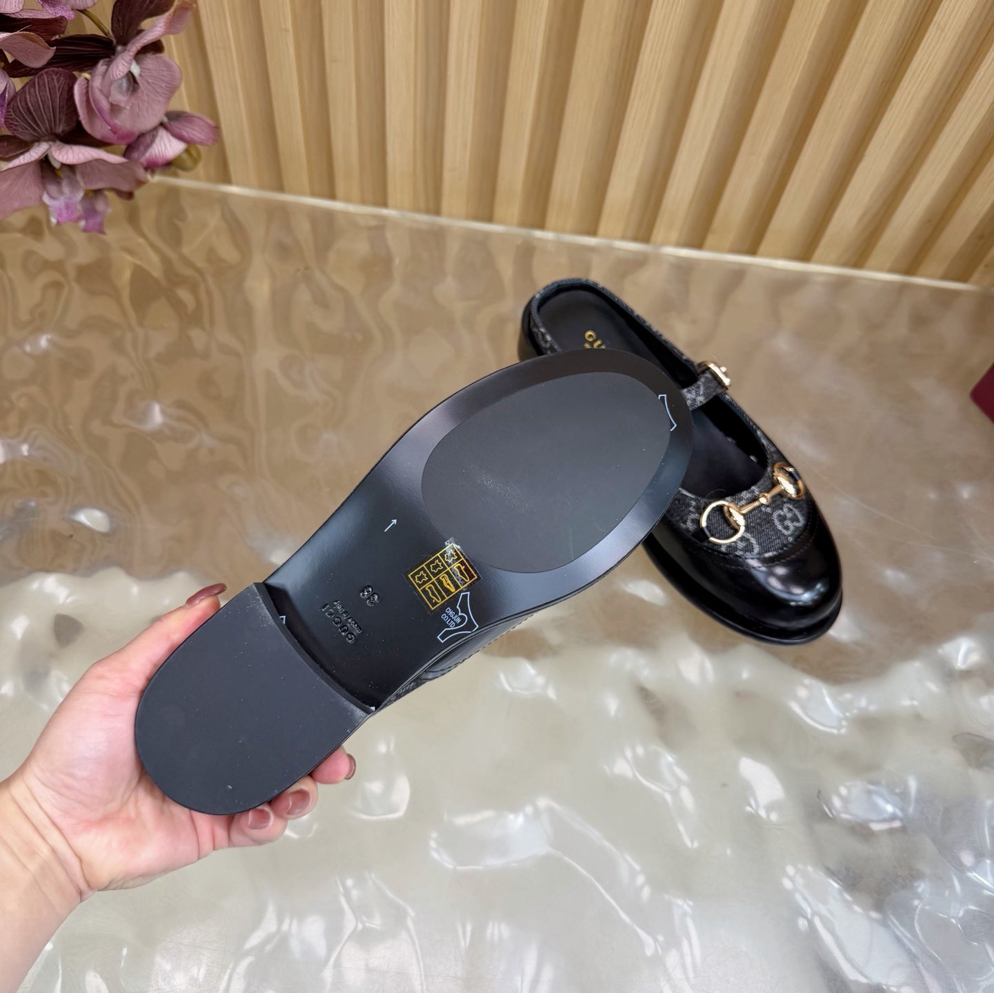 GG 26 Mule Black Beaded Leather Double G Fabric 589455