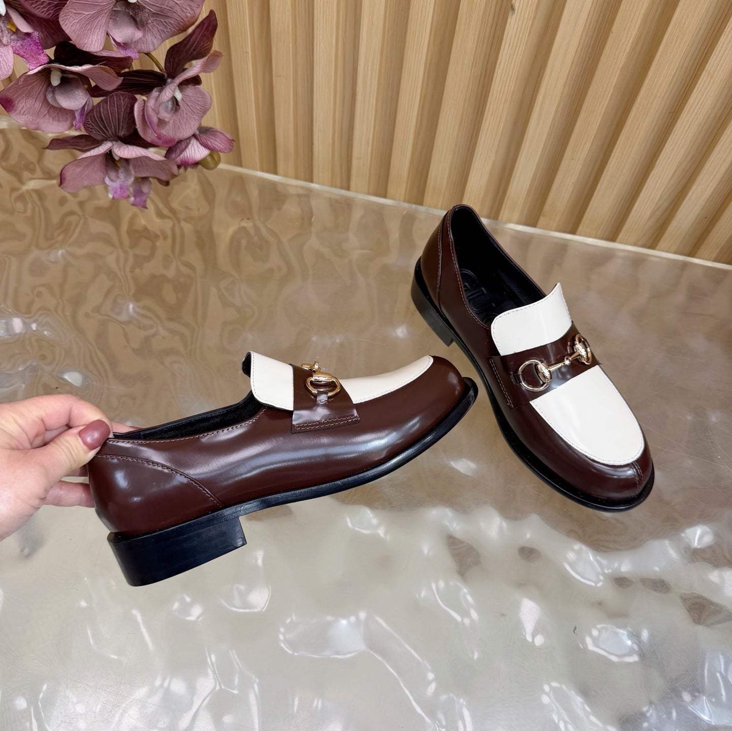 GG 26 Horsebit Loafers Brown White Sheepskin 589465