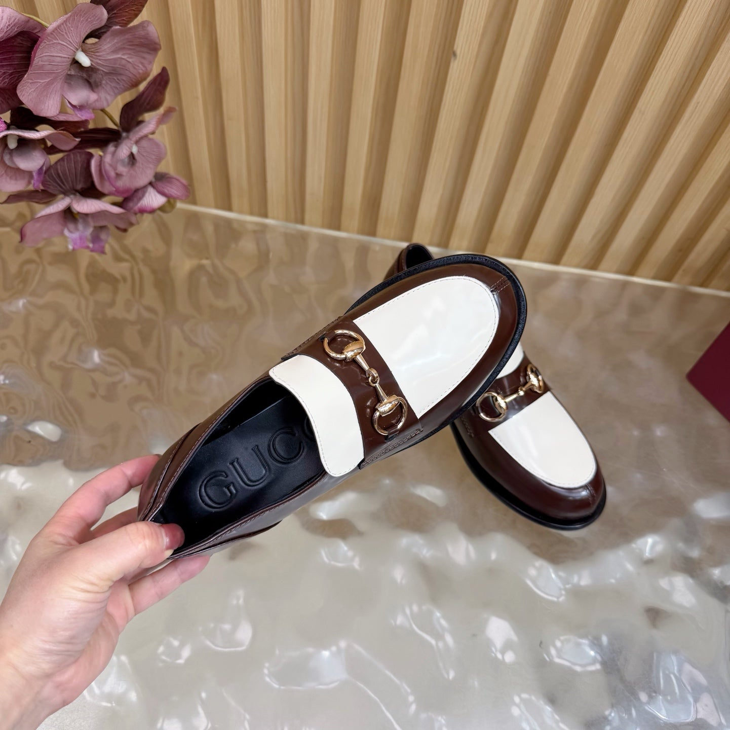 GG 26 Horsebit Loafers Brown White Sheepskin 589465