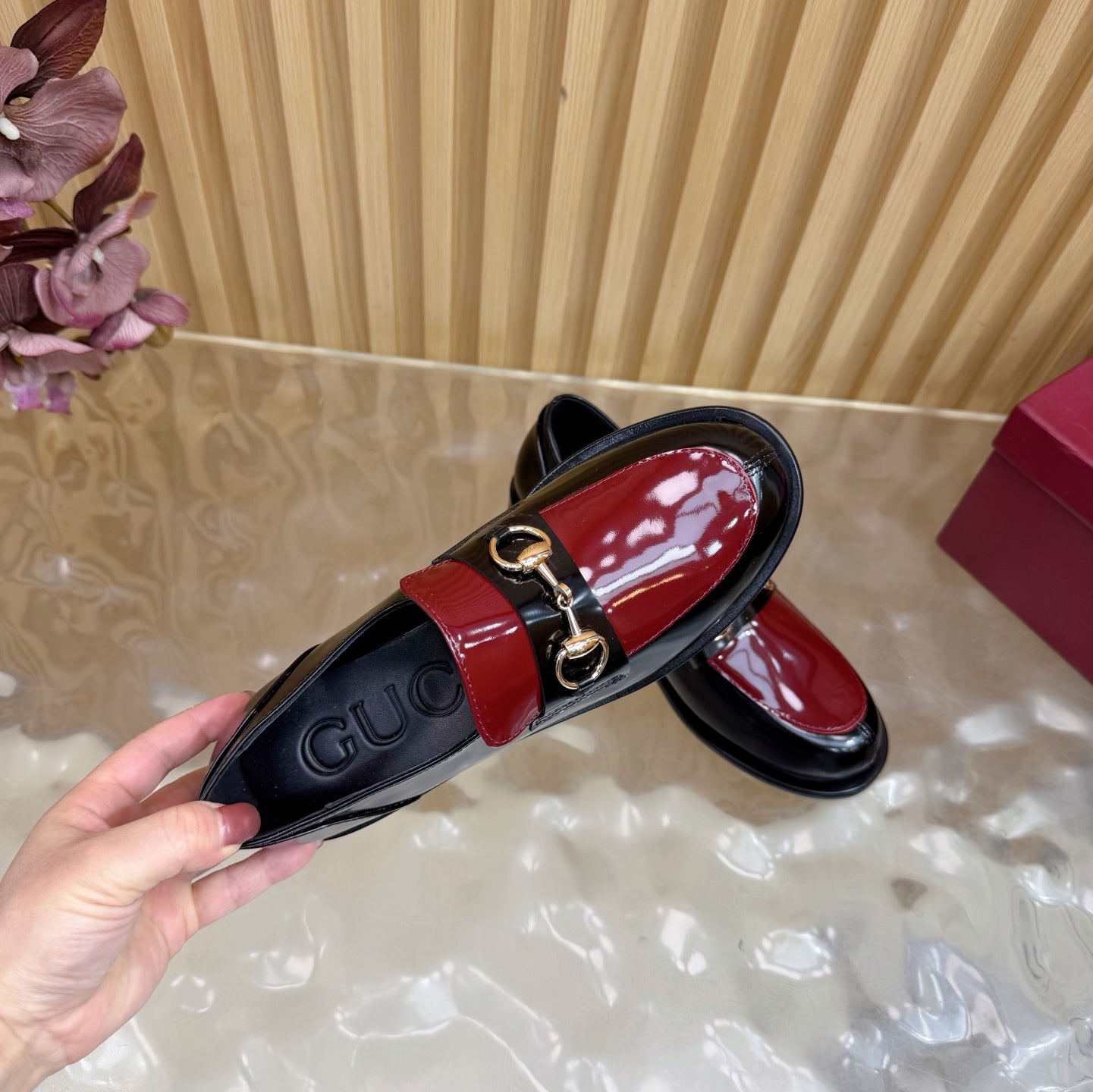 GG 26 Horsebit Loafers Black Red Sheepskin 589464