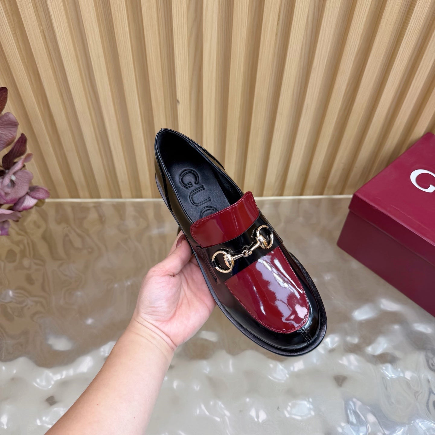 GG 26 Horsebit Loafers Black Red Sheepskin 589464