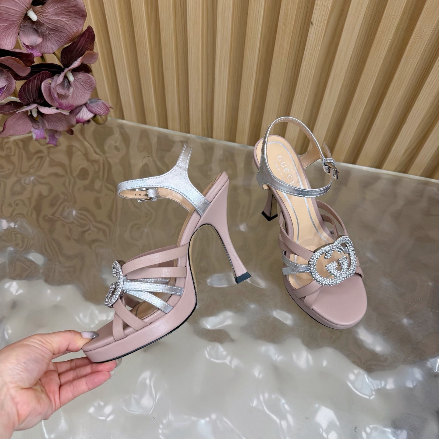 GG 26 High-Heeled Platform Sandals 105 Blush Pink Cowhide 589497