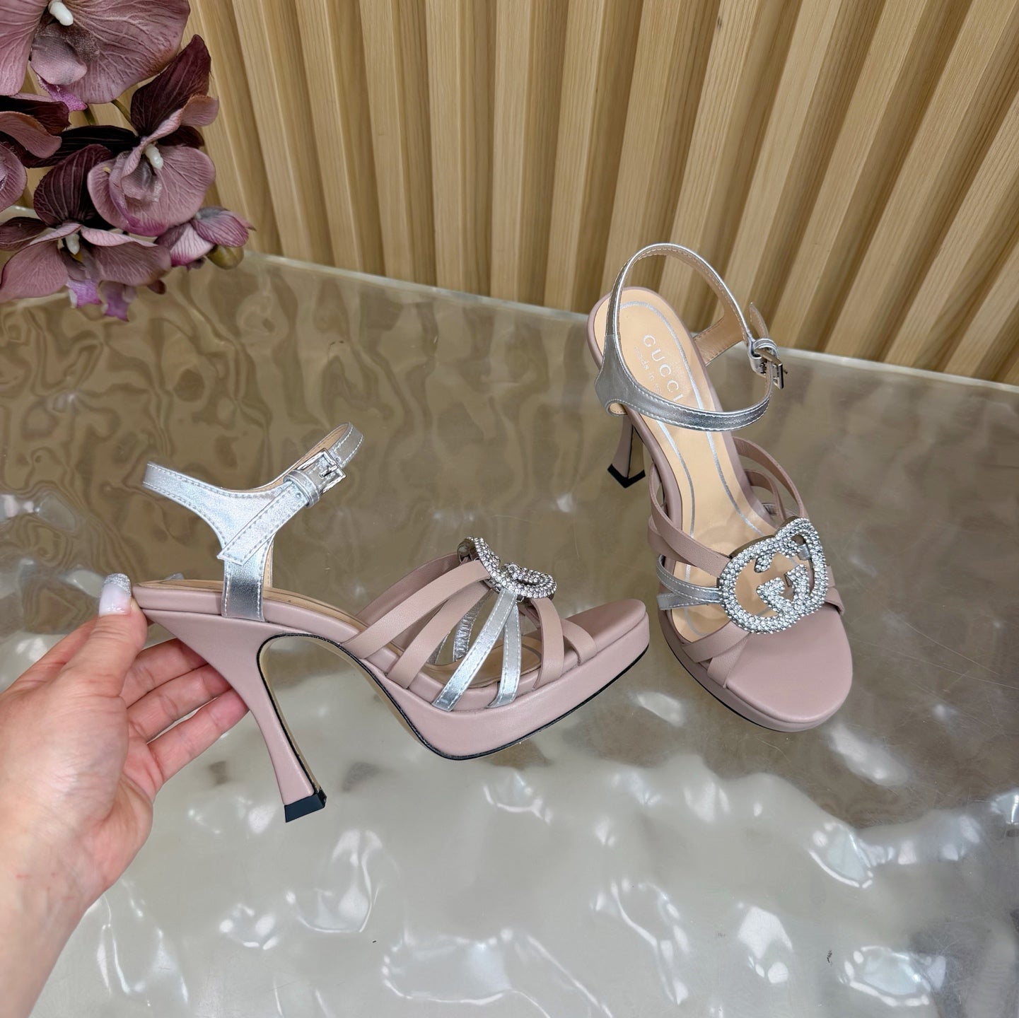 GG 26 High-Heeled Platform Sandals 105 Blush Pink Cowhide 589497