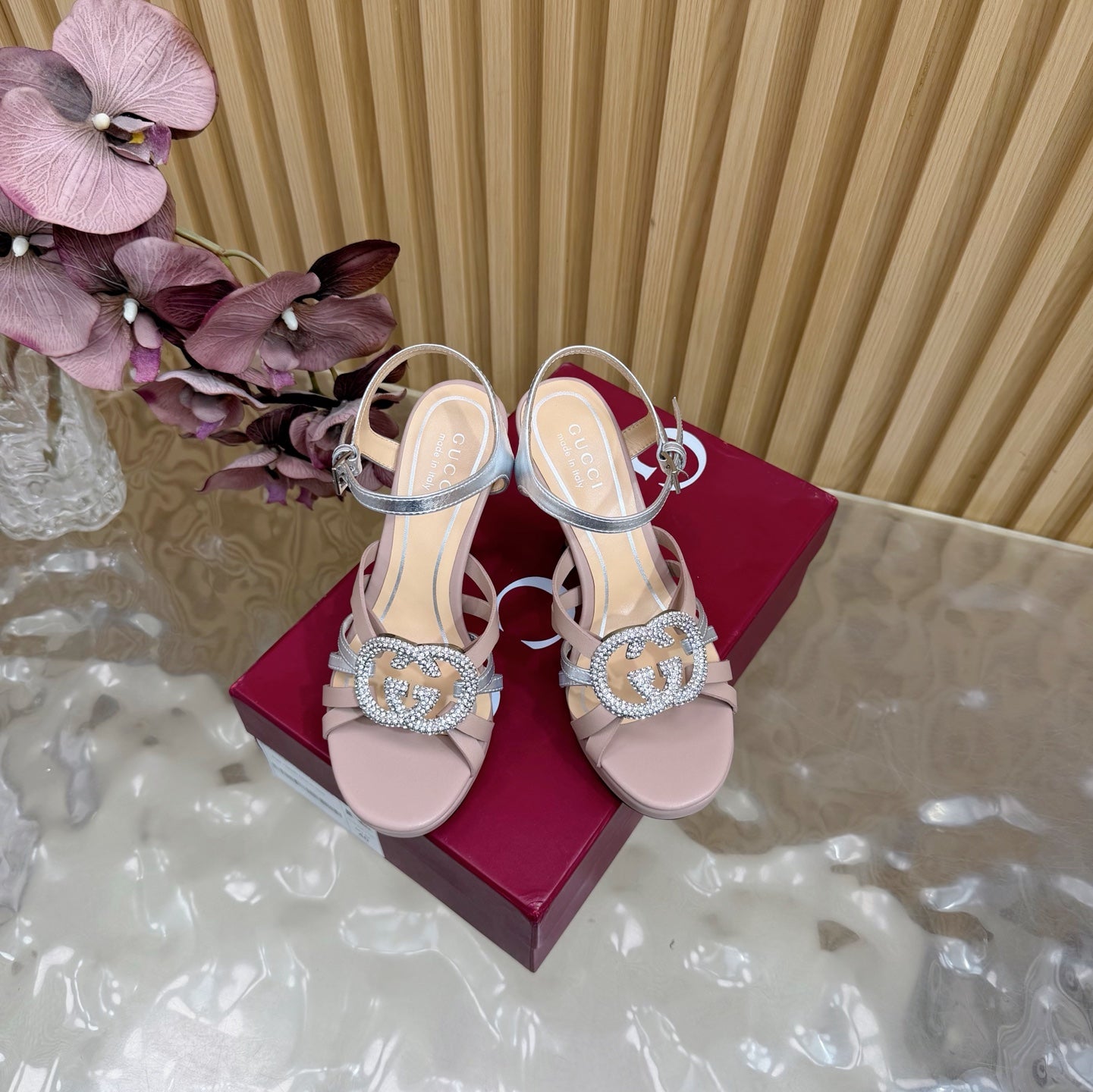 GG 26 High-Heeled Platform Sandals 105 Blush Pink Cowhide 589497