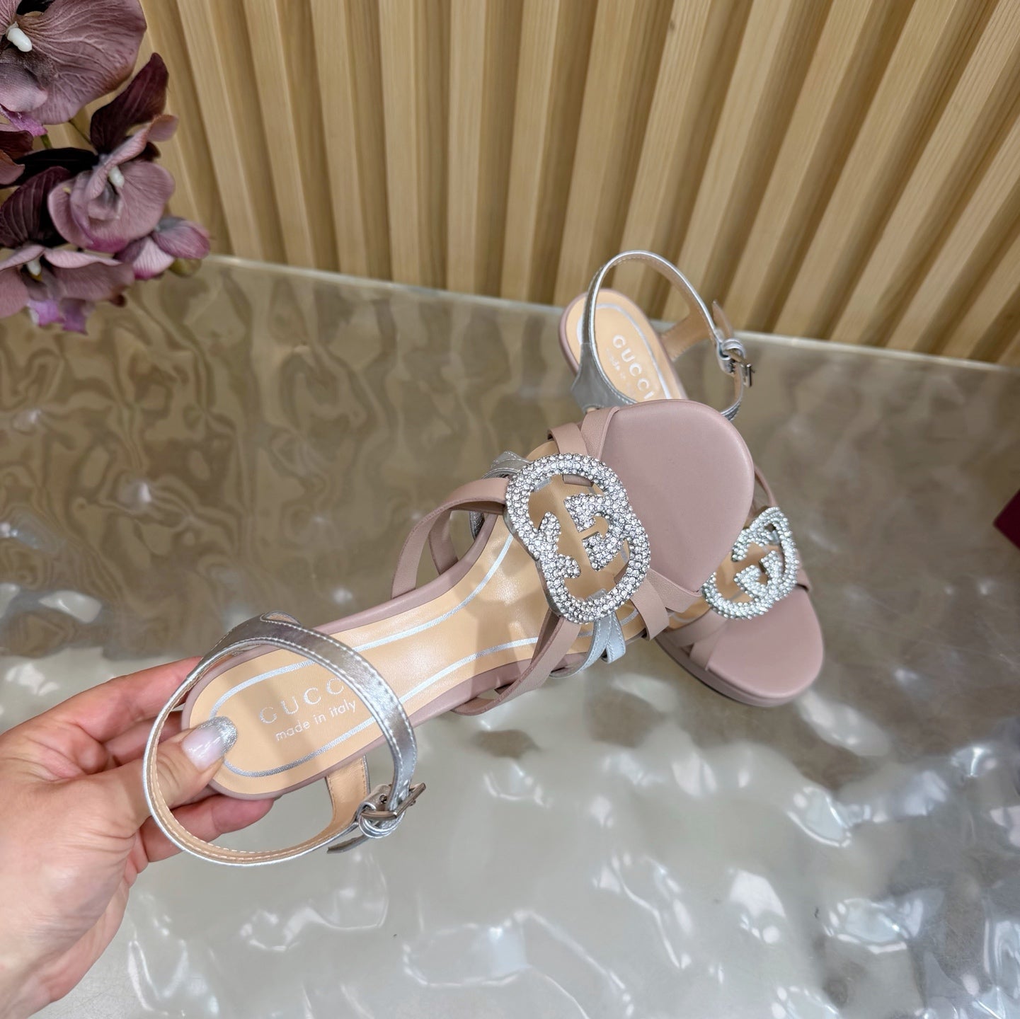 GG 26 High-Heeled Platform Sandals 105 Blush Pink Cowhide 589497