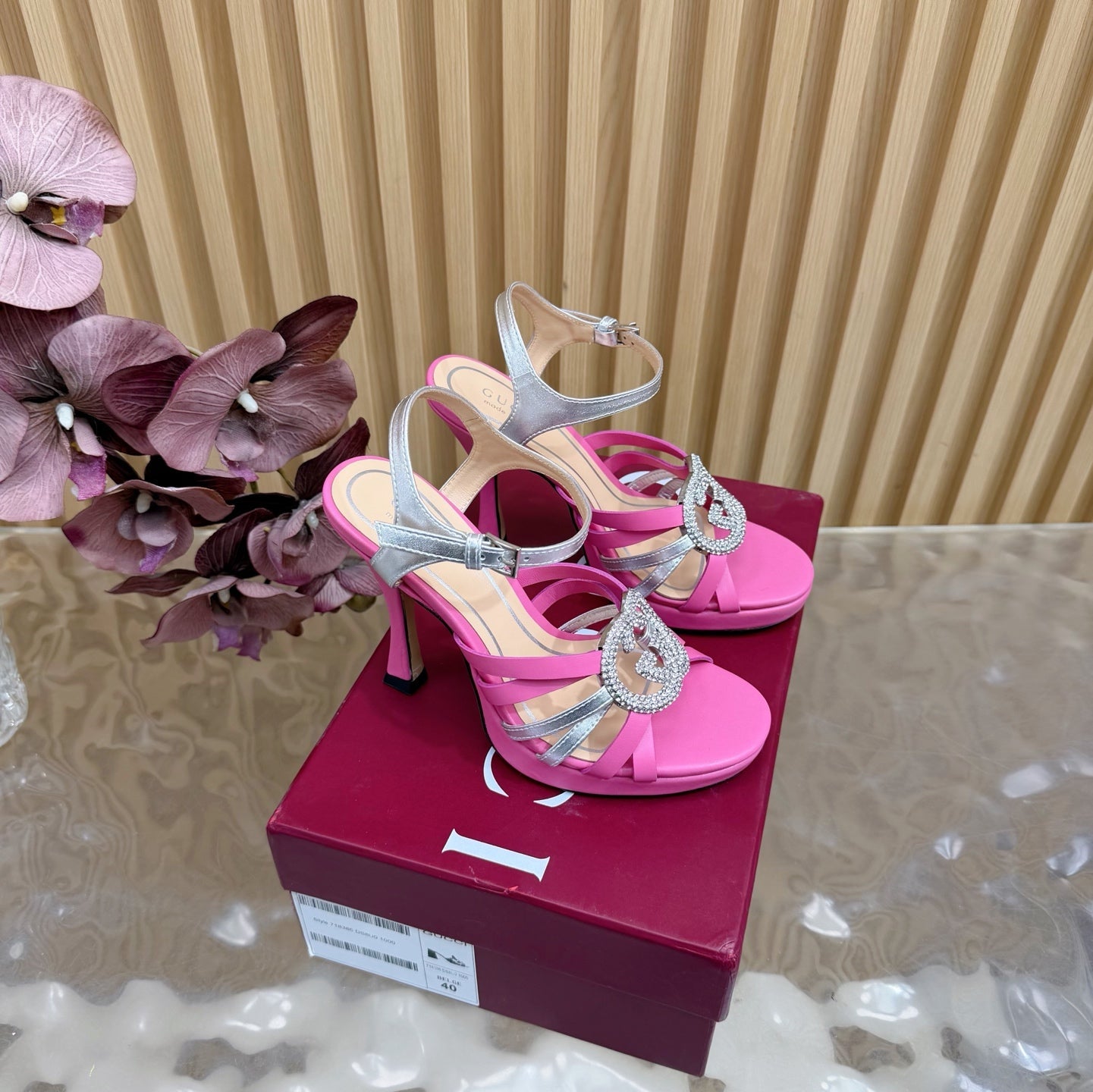 GG 26 High-Heeled Platform Sandals 105  Pink Cowhide 589498