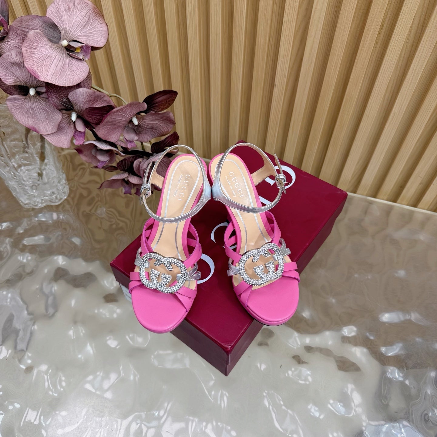 GG 26 High-Heeled Platform Sandals 105  Pink Cowhide 589498