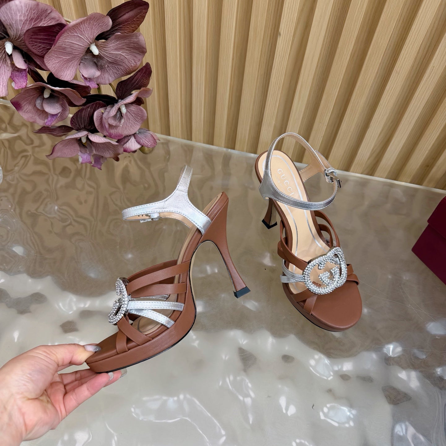 GG 26 High-Heeled Platform Sandals 105 Brown Cowhide 589500