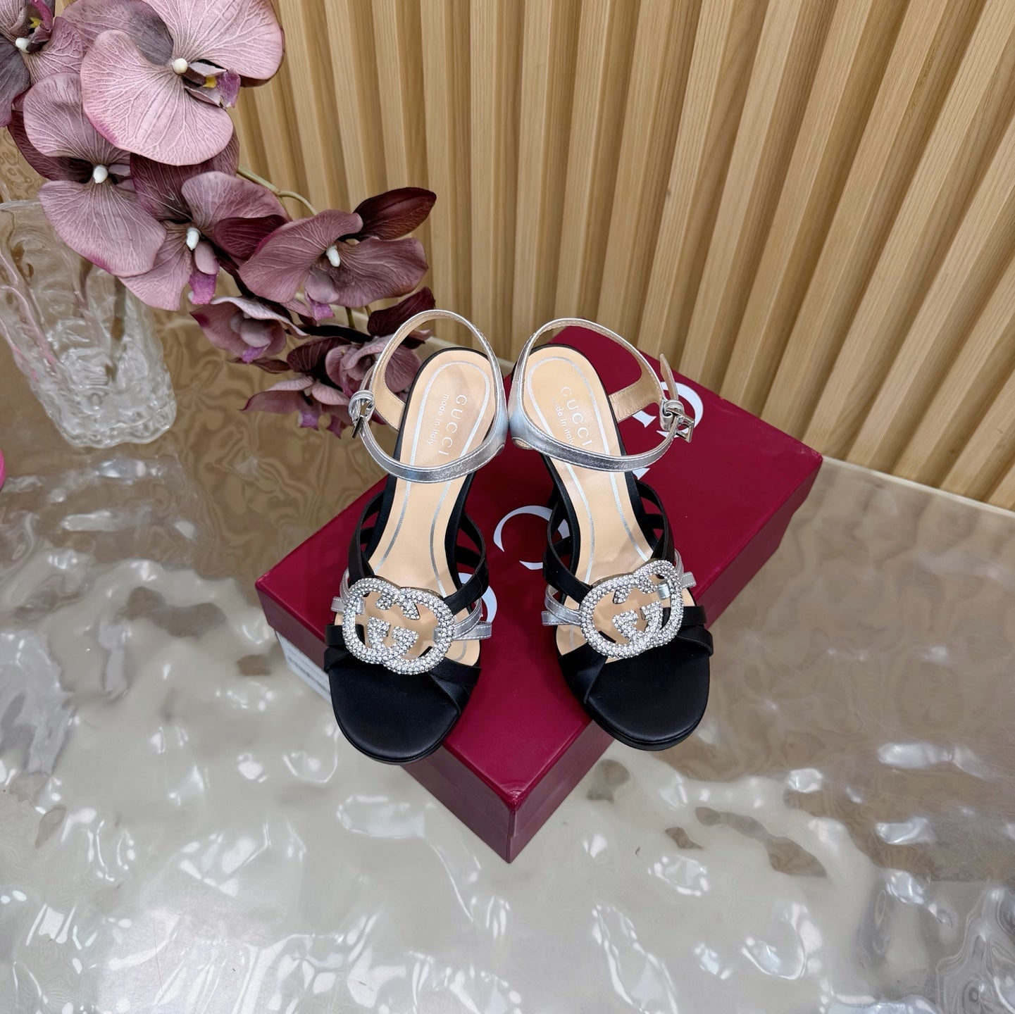 GG 26 High-Heeled Platform Sandals 105 Black Cowhide 589501