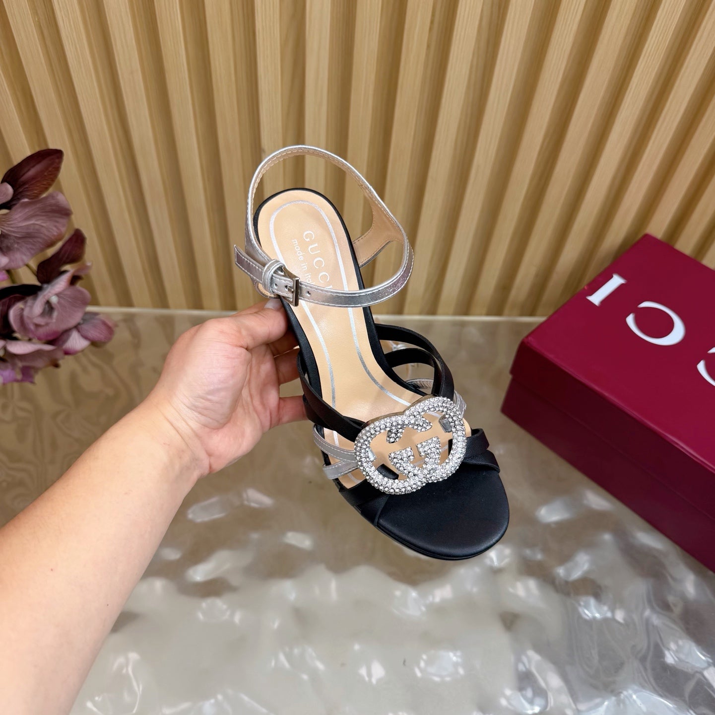 GG 26 High-Heeled Platform Sandals 105 Black Cowhide 589501