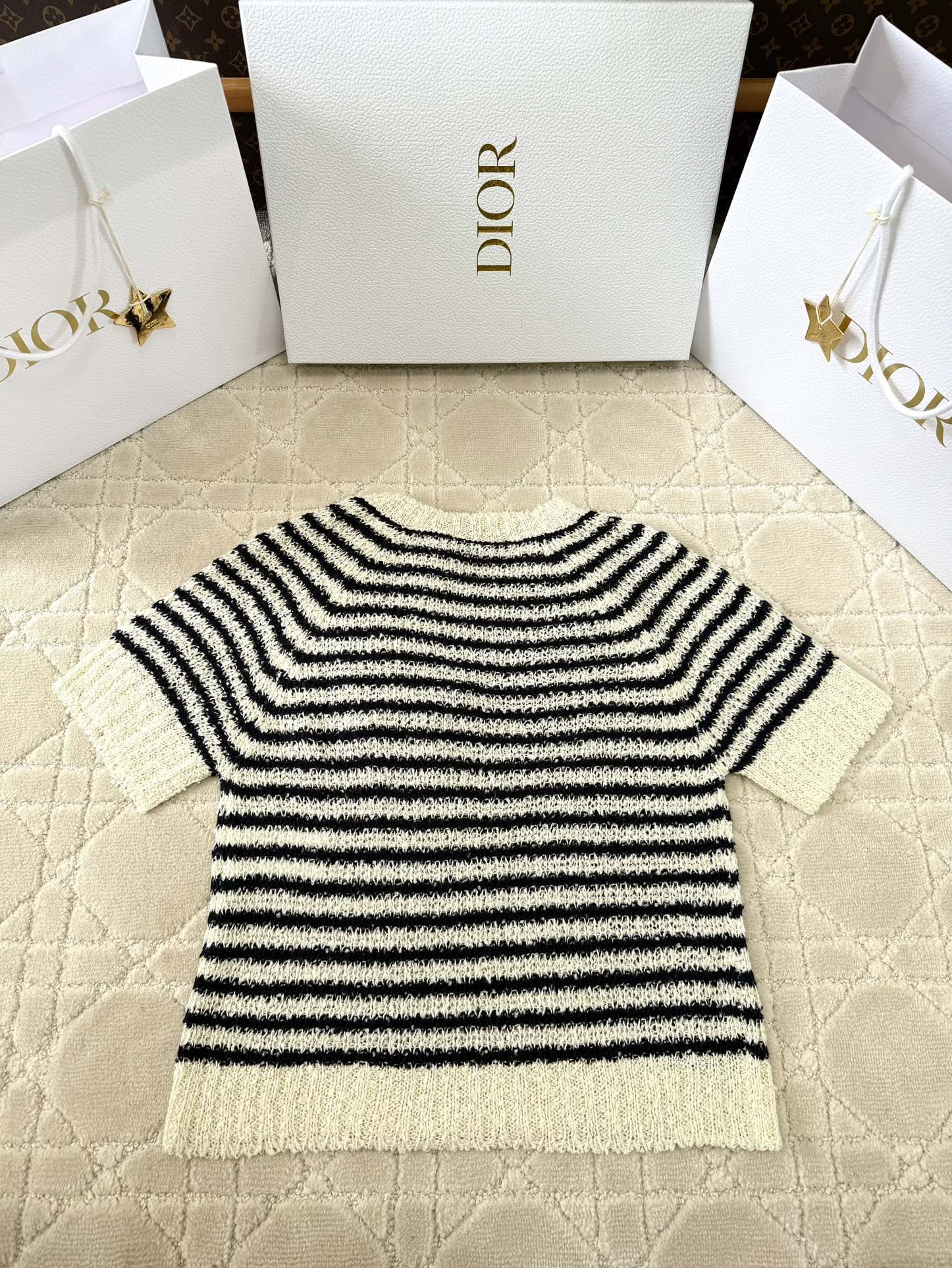 CD 2025 Striped Knitted Short Sleeves Beige mix Black Cotton