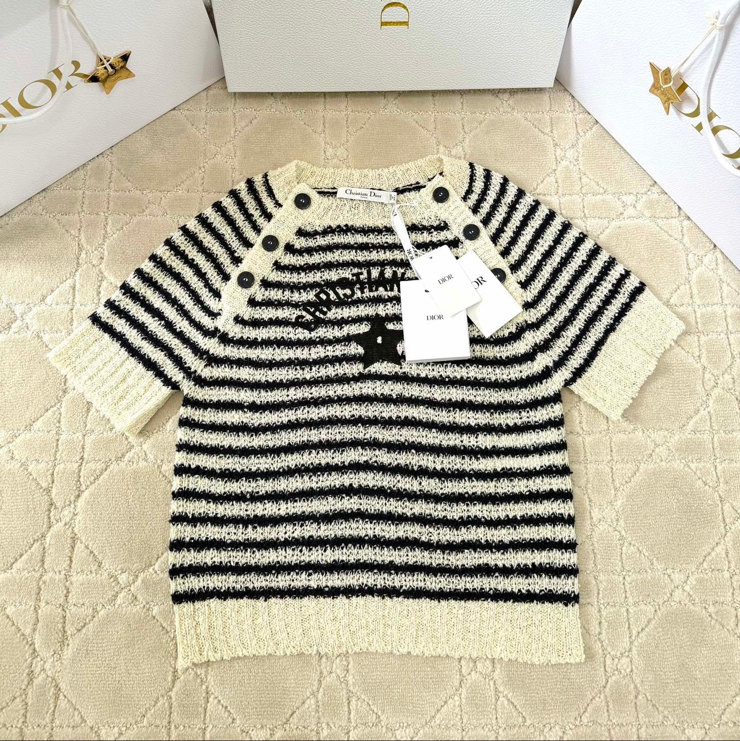 CD 2025 Striped Knitted Short Sleeves Beige mix Black Cotton