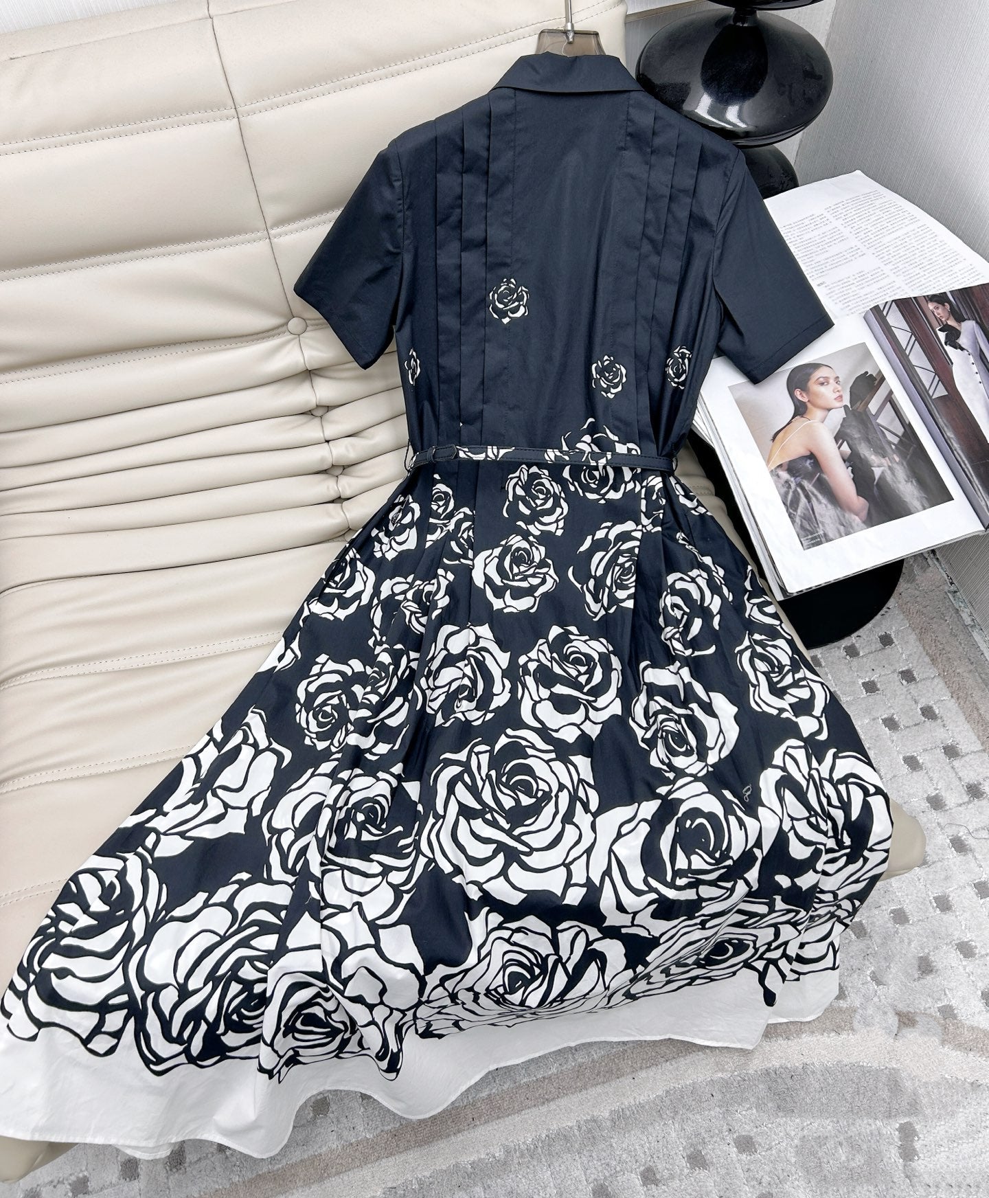 CD 2025 Floral Short-sleeved Belt Shirt Dress Black mix White Cotton