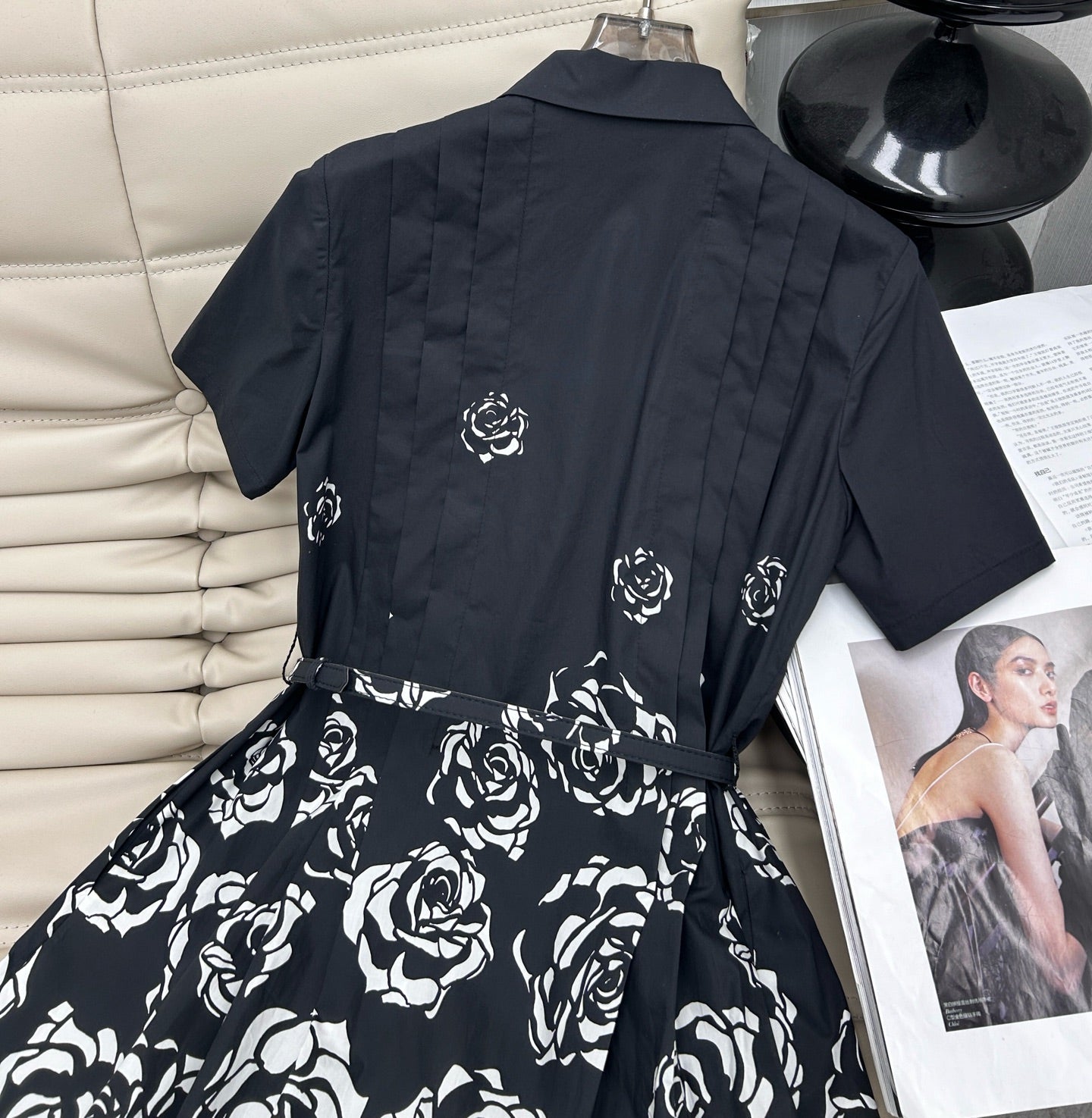 CD 2025 Floral Short-sleeved Belt Shirt Dress Black mix White Cotton