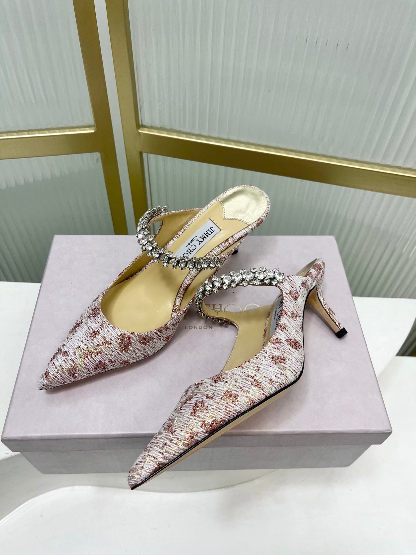 Jimmy 26s Heel Mules 65 White Red Sequins Sheepskin Diamond 605944