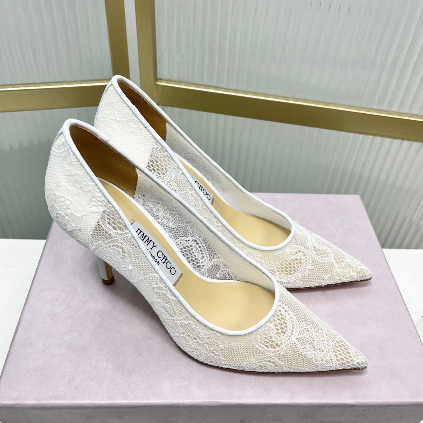 Jimmy 26s Heel Pump 85 White Beige Lace Sheepskin 605947