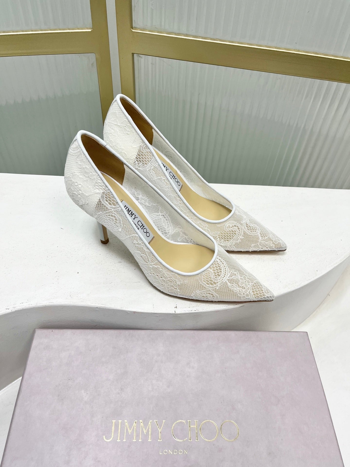 Jimmy 26s Heel Pump 85 White Beige Lace Sheepskin 605947