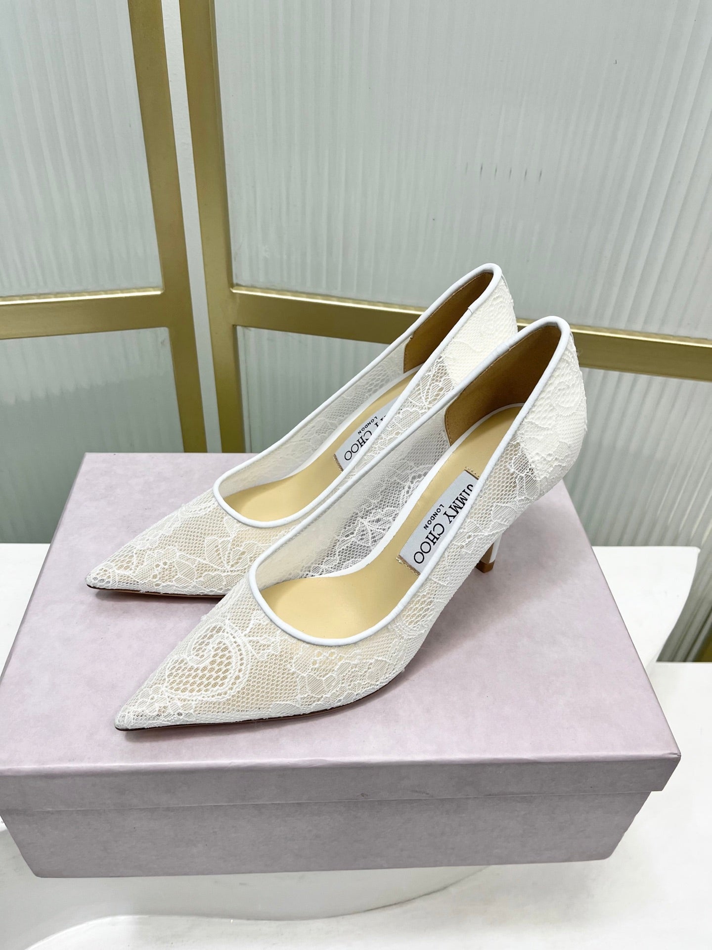 Jimmy 26s Heel Pump 85 White Beige Lace Sheepskin 605947