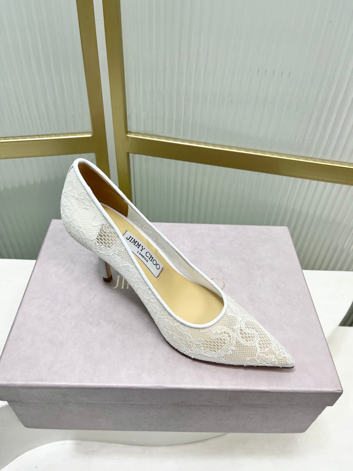 Jimmy 26s Heel Pump 85 White Beige Lace Sheepskin 605947