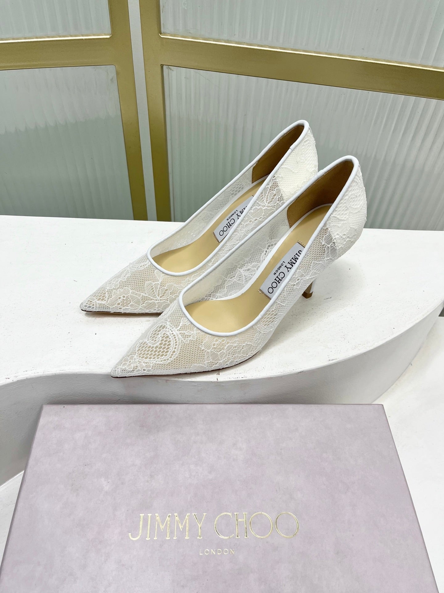Jimmy 26s Heel Pump 85 White Beige Lace Sheepskin 605947