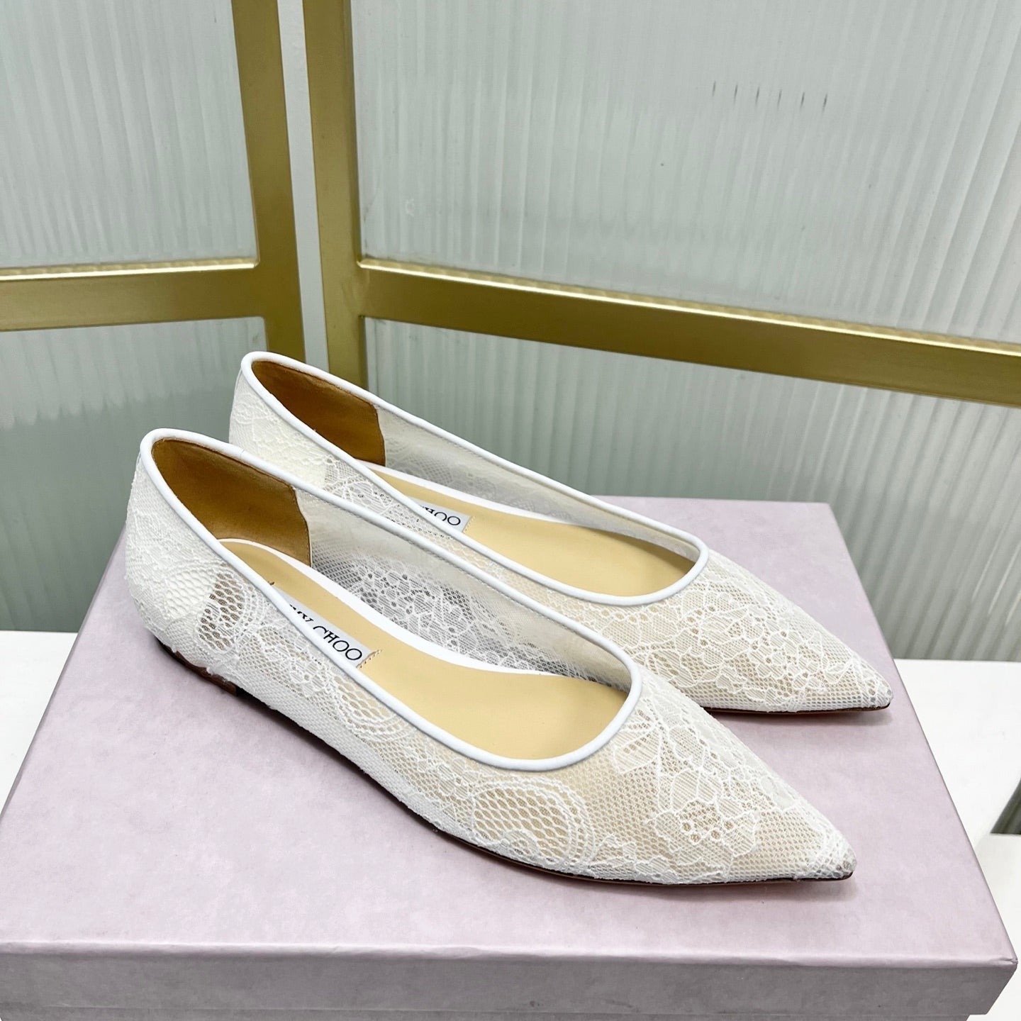 Jimmy 26s Ballet Flats White Beige Lace Sheepskin 605949