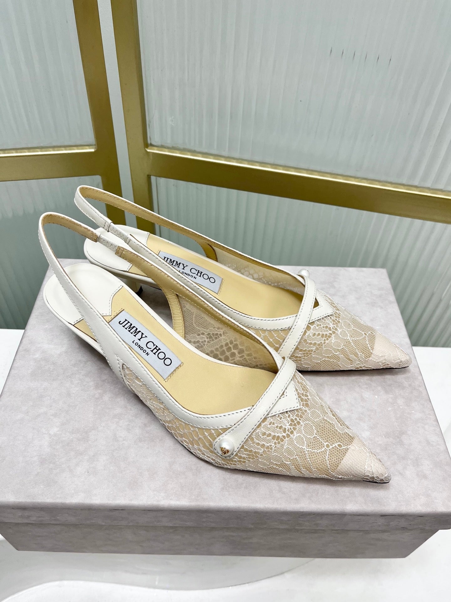 Jimmy 26s Slingback 45 White Beige Lace Sheepskin 605963