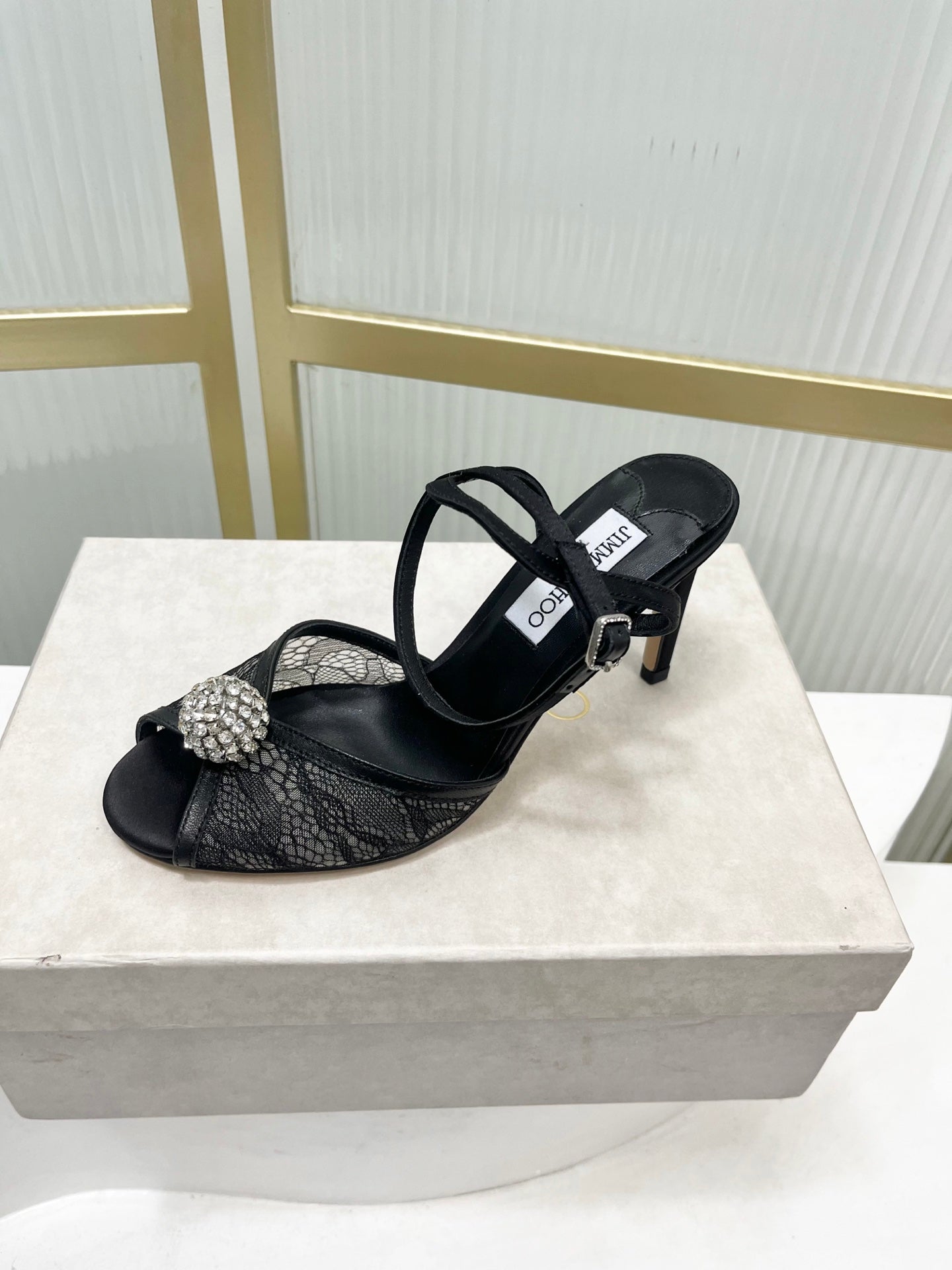 Jimmy 26s Peep-Toe High Heels  85 Black Lace Sheepskin 605973