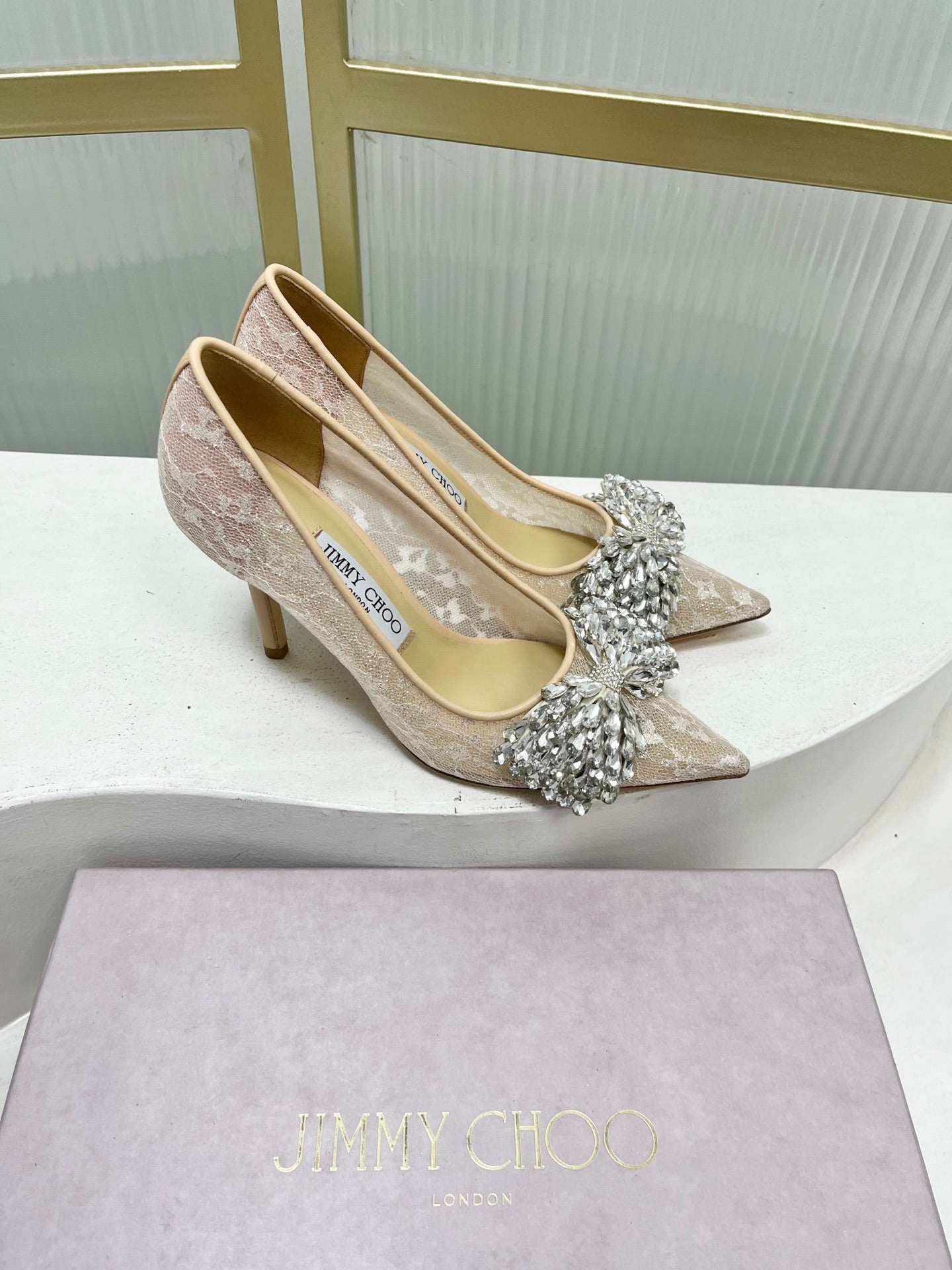 Jimmy 26s High Heels 85 Beige White Imported Lace Sheepskin 605988