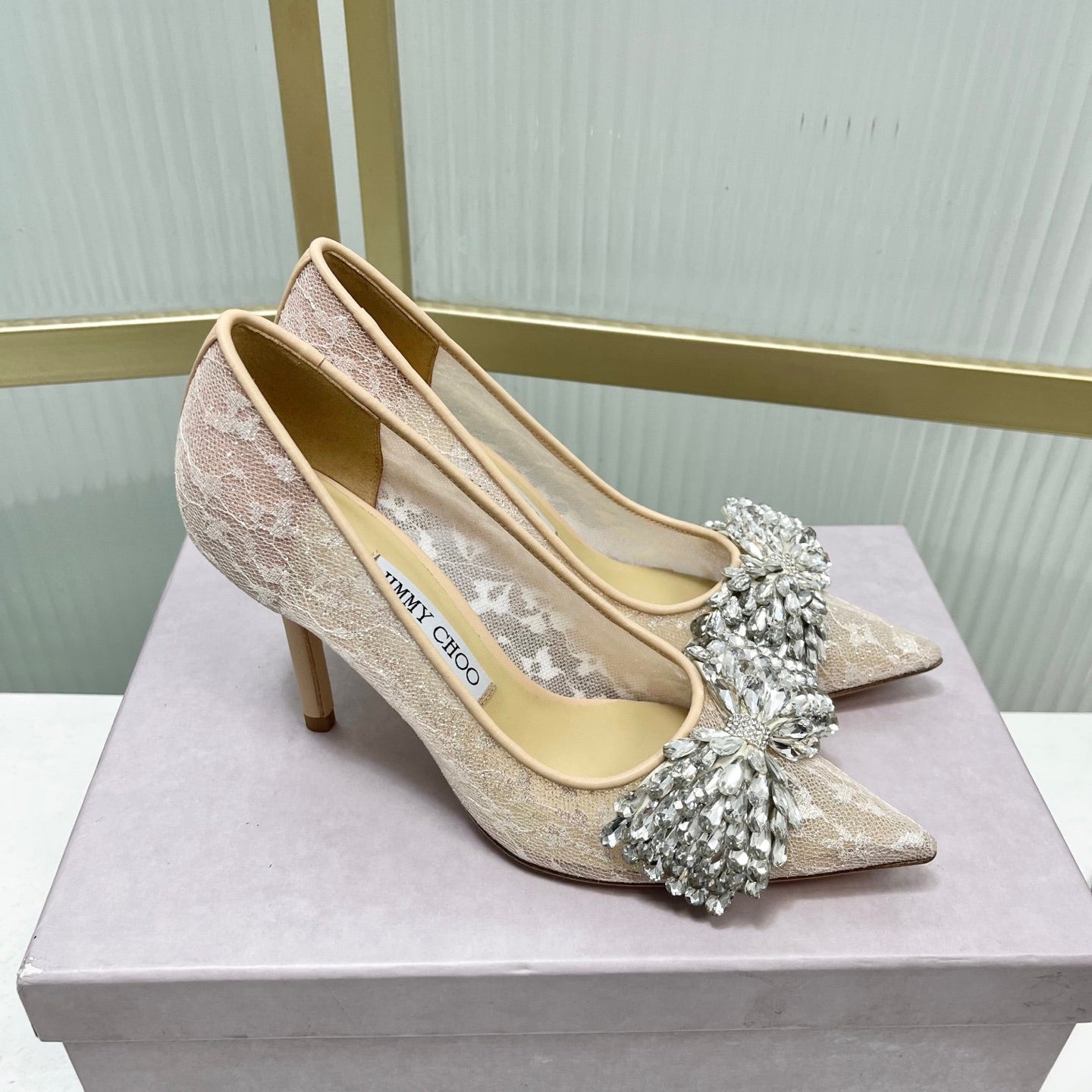 Jimmy 26s High Heels 85 Beige White Imported Lace Sheepskin 605988