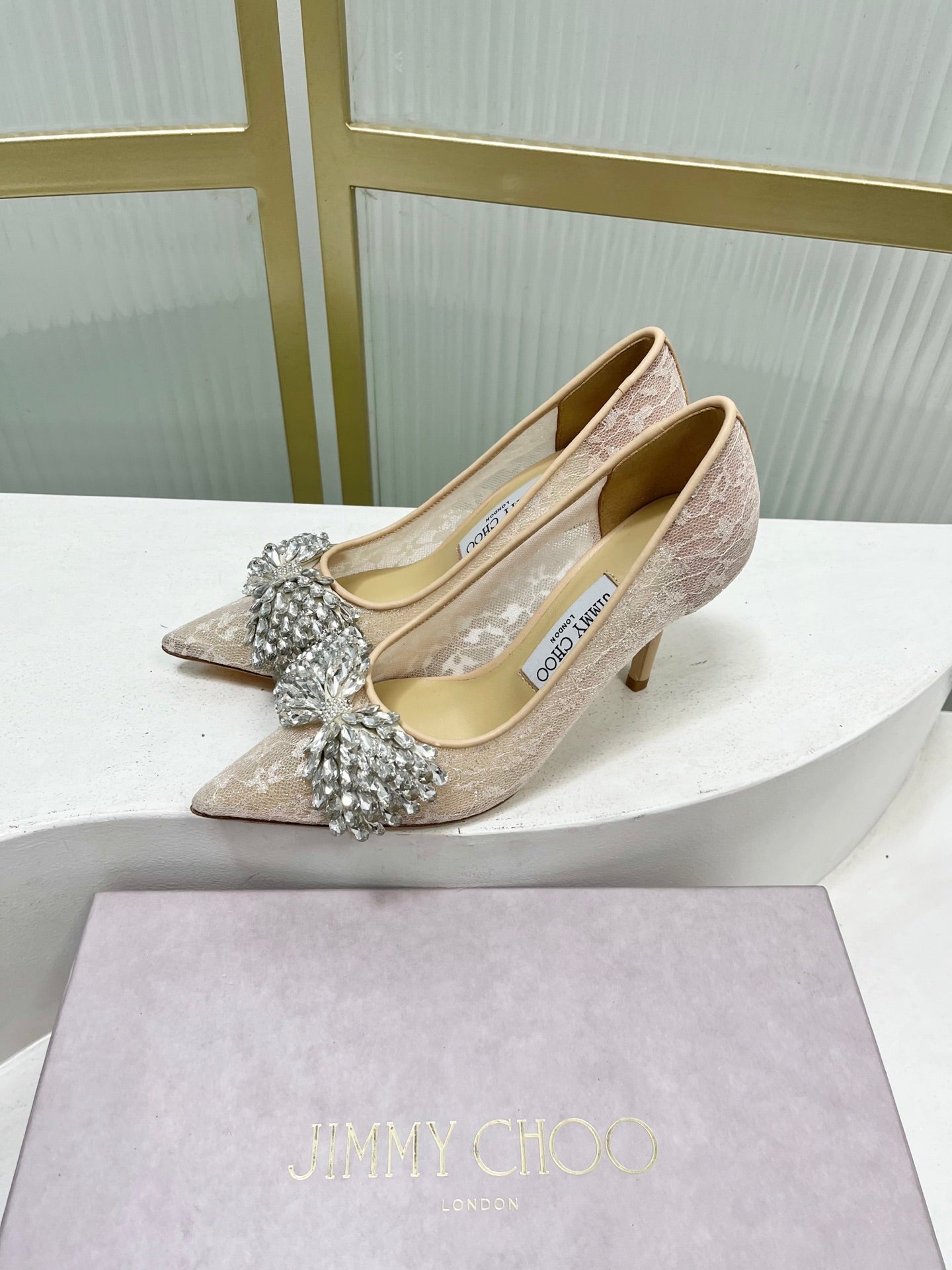 Jimmy 26s High Heels 85 Beige White Imported Lace Sheepskin 605988