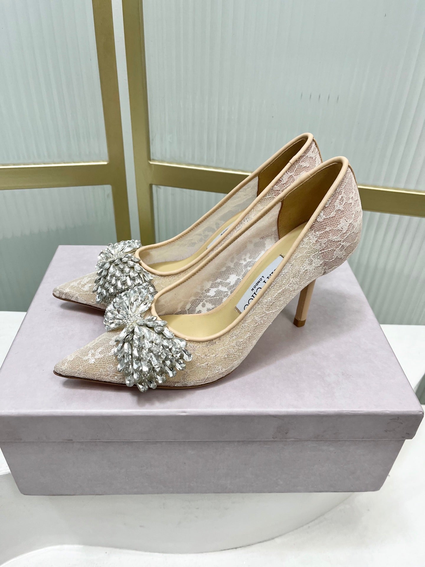 Jimmy 26s High Heels 85 Beige White Imported Lace Sheepskin 605988