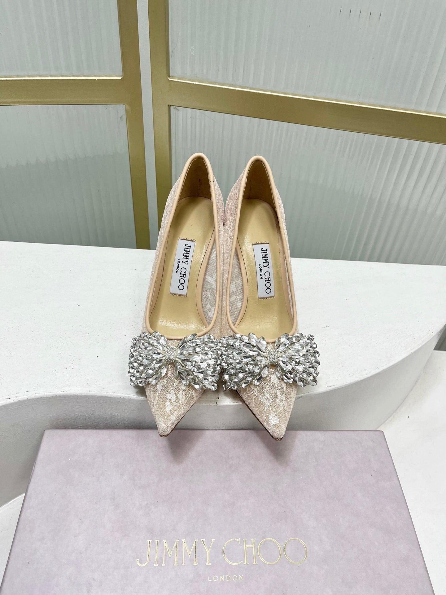 Jimmy 26s High Heels 85 Beige White Imported Lace Sheepskin 605988