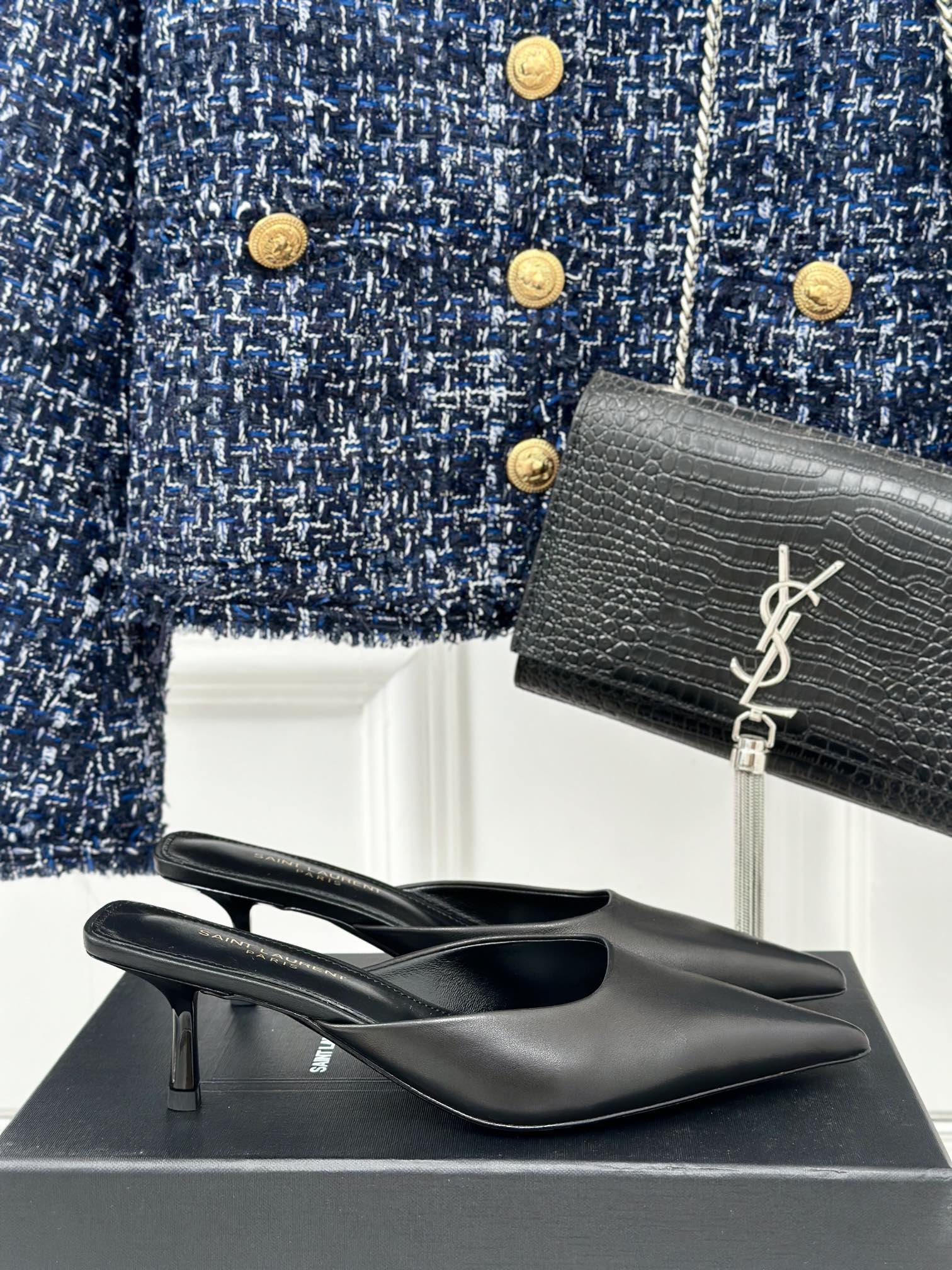 SL BARBARA MULES 55 BLACK CALFSKIN