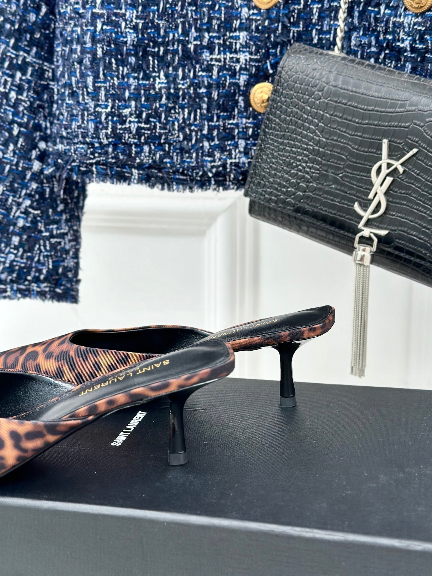 SL BARBARA MULES 55 LEOPARD MOTIF SATIN