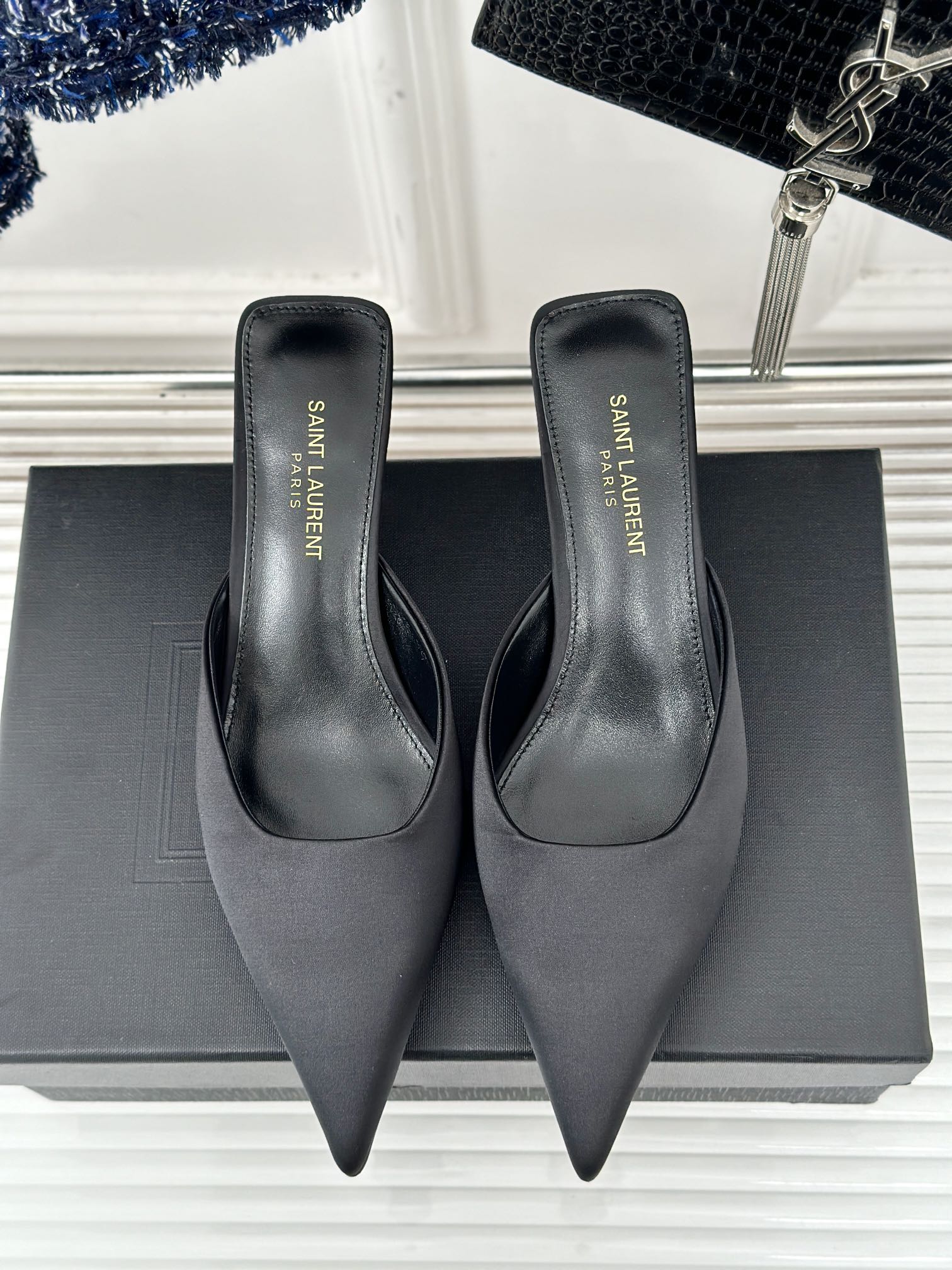 SL BARBARA MULES 55 BLACK SATIN CREPE