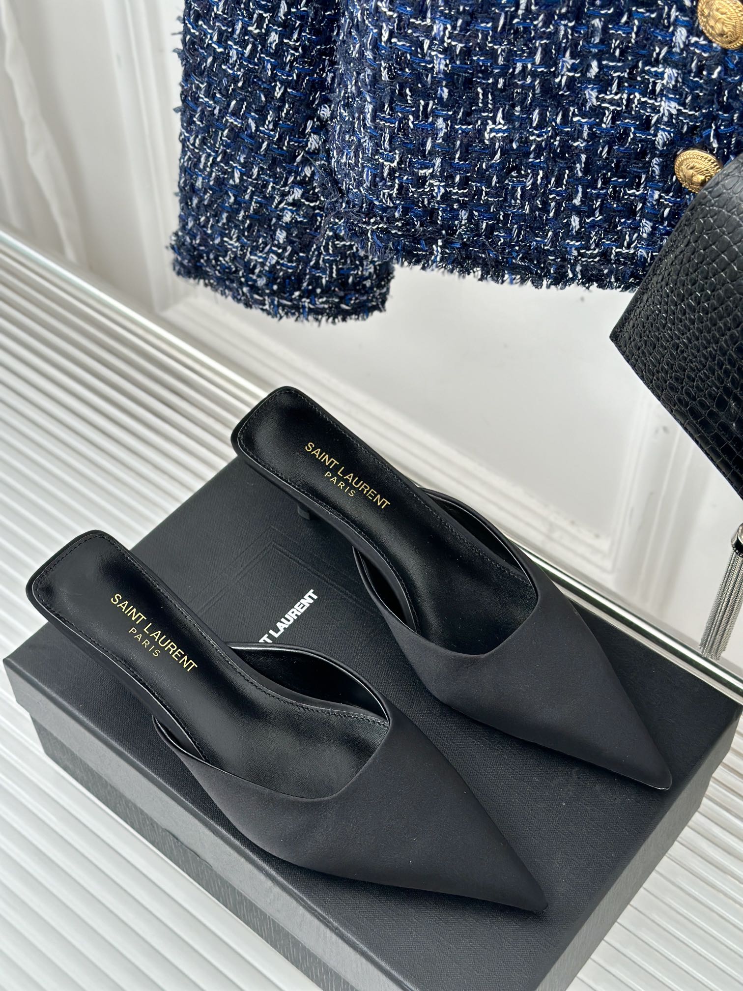 SL BARBARA MULES 55 BLACK SATIN CREPE