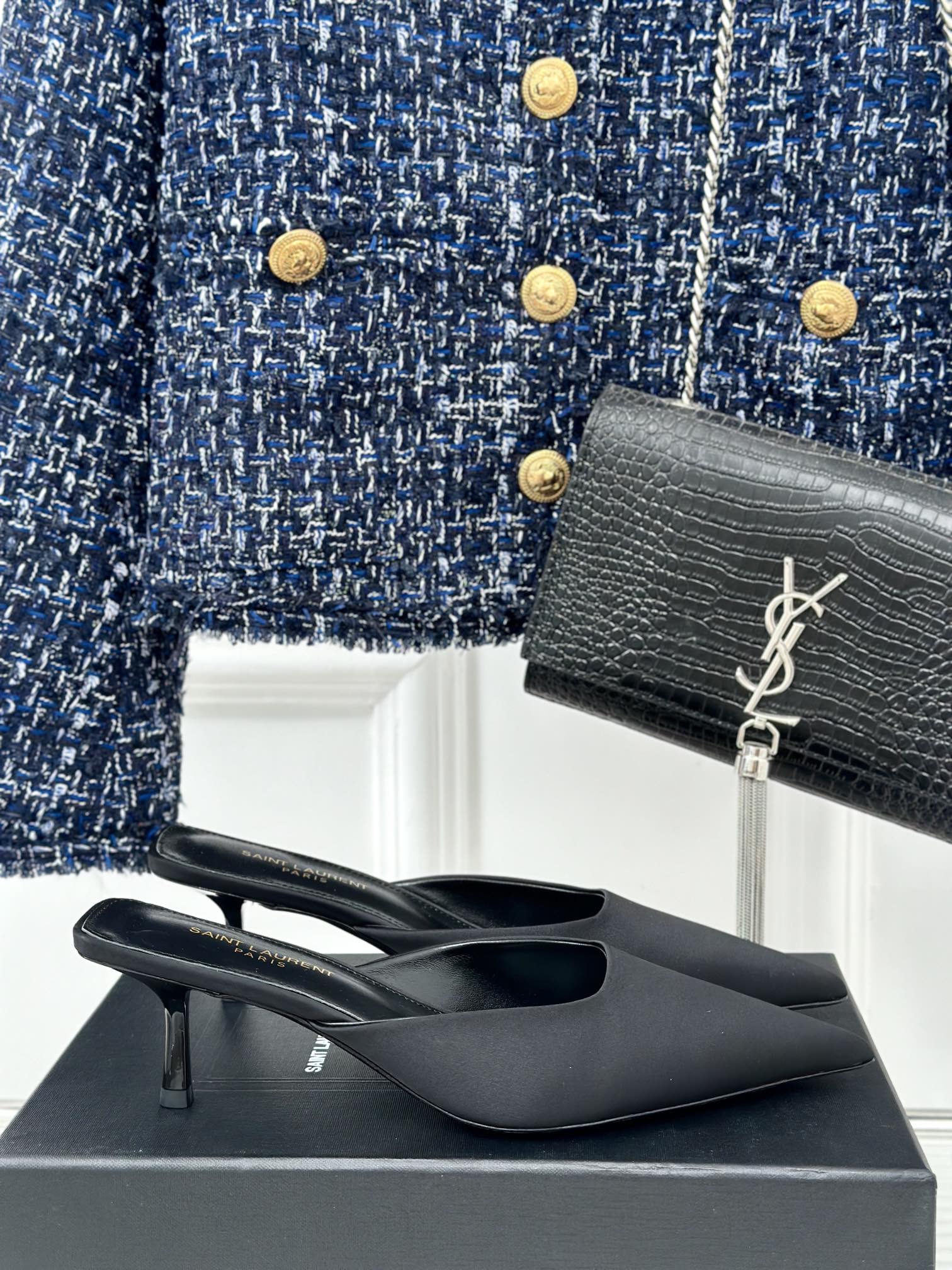 SL BARBARA MULES 55 BLACK SATIN CREPE