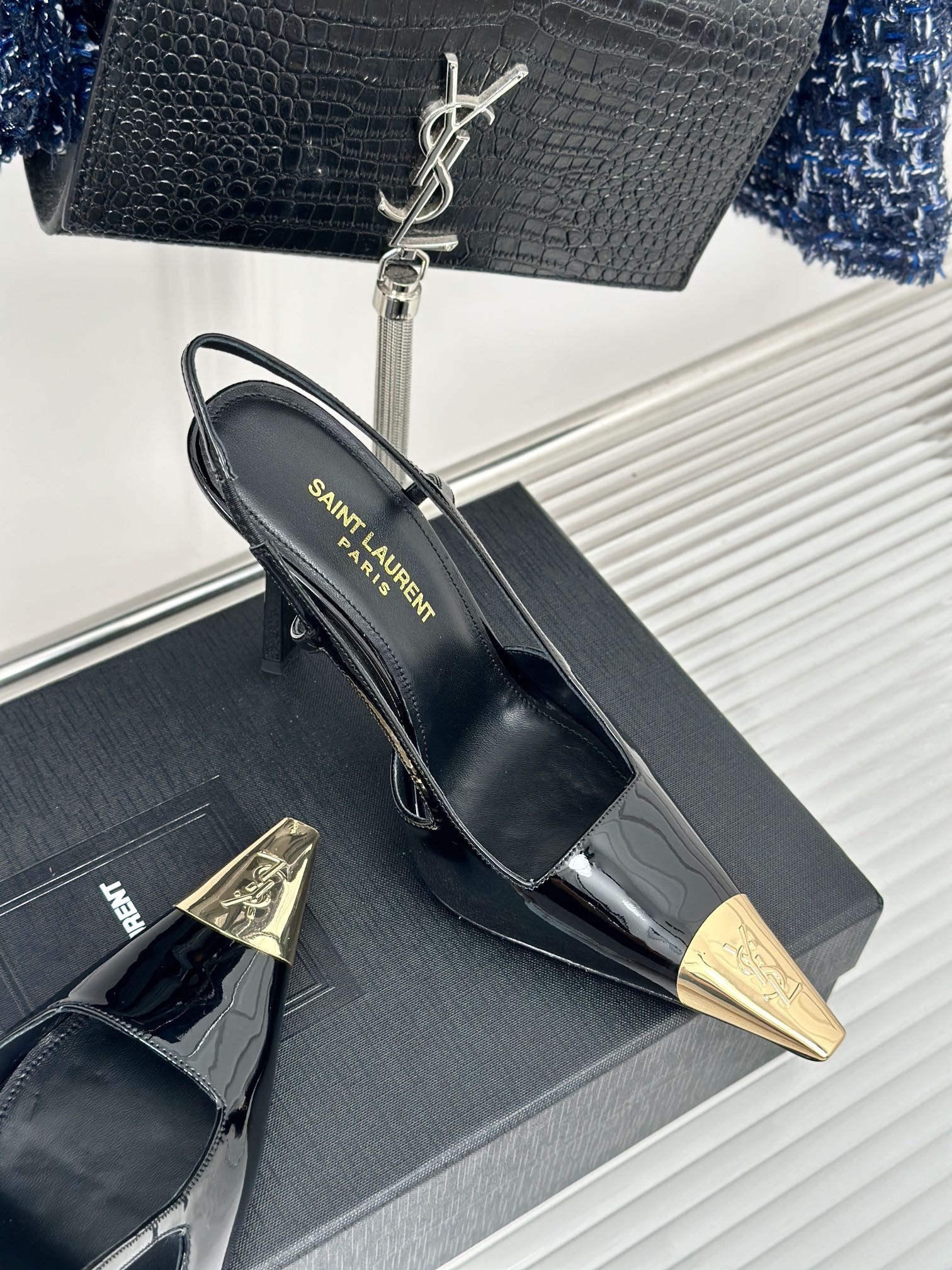 SL JEANNE SLINGBACK PUMPS BLACK POLISHED CALFSKIN