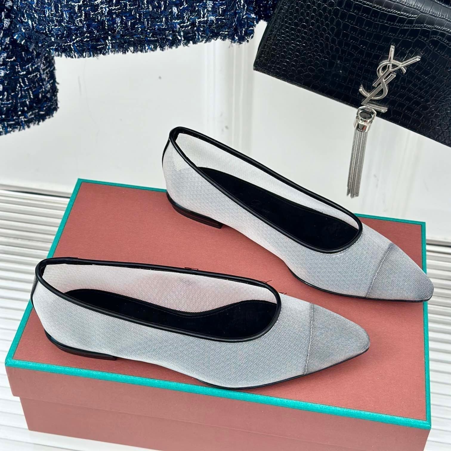 LP Primula Ballet Flat In White Mix Black Mesh Fabric With Suede Lining 989402