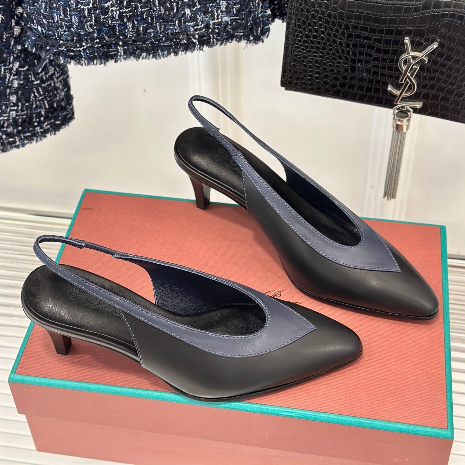 LP Rebecca Slingbacks In Black Mix Charcoal Blue Lambskin 989417