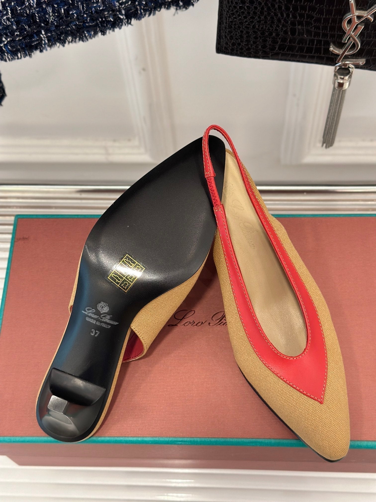 LP Rebecca Slingbacks In Mustard Brown Mix Red Cotton Fabric And Lambskin 989419