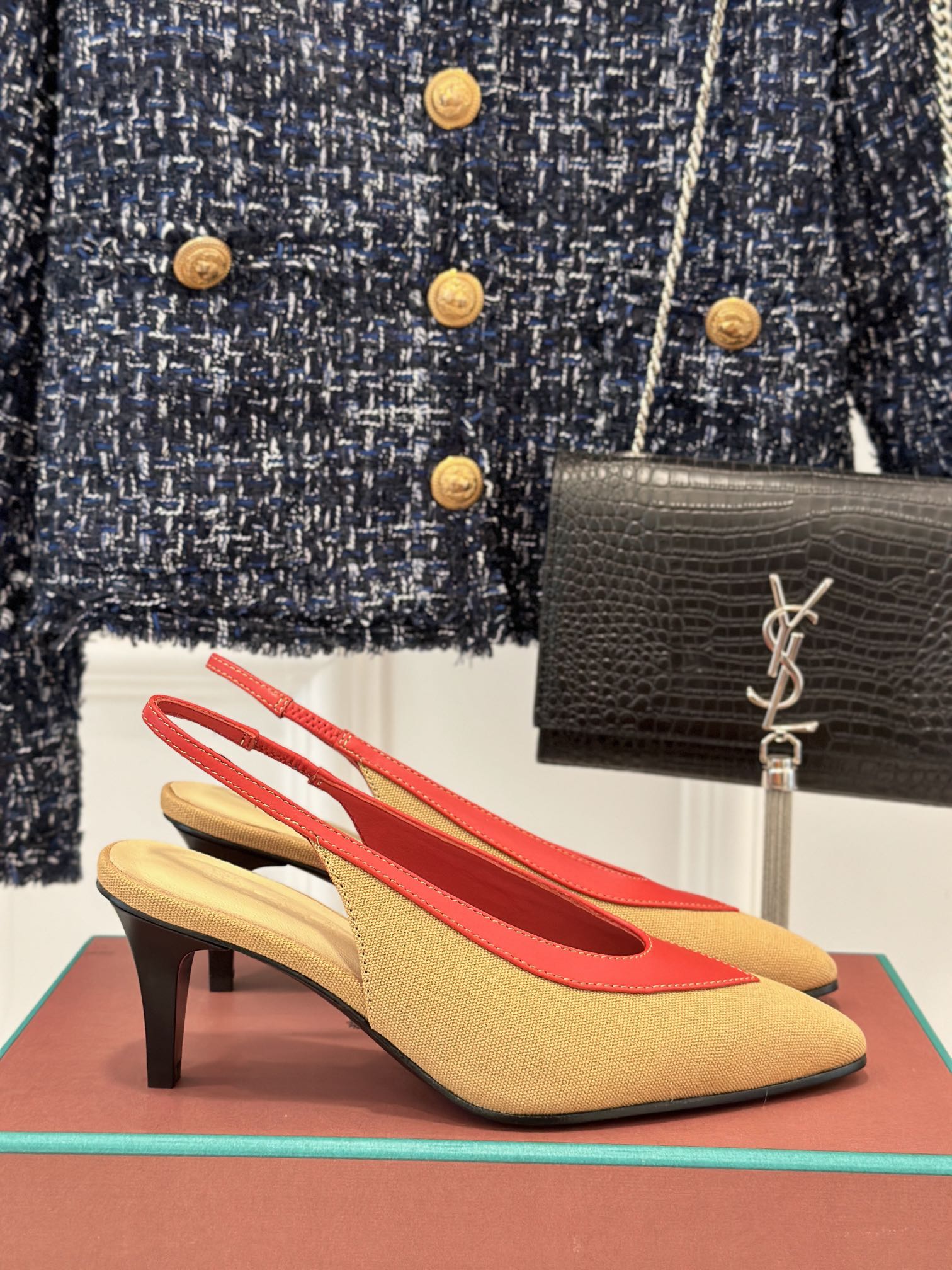 LP Rebecca Slingbacks In Mustard Brown Mix Red Cotton Fabric And Lambskin 989419