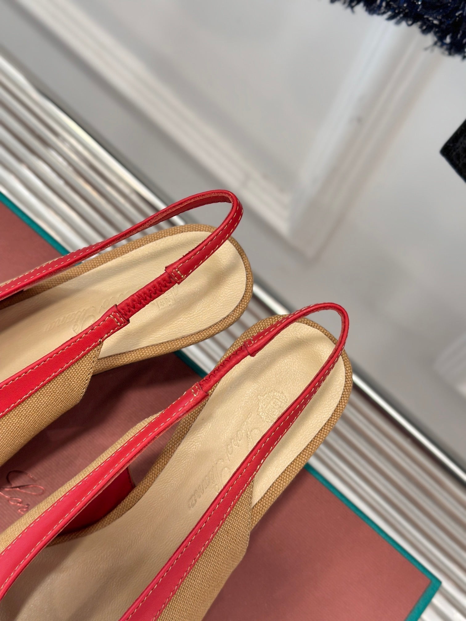 LP Rebecca Slingbacks In Mustard Brown Mix Red Cotton Fabric And Lambskin 989419