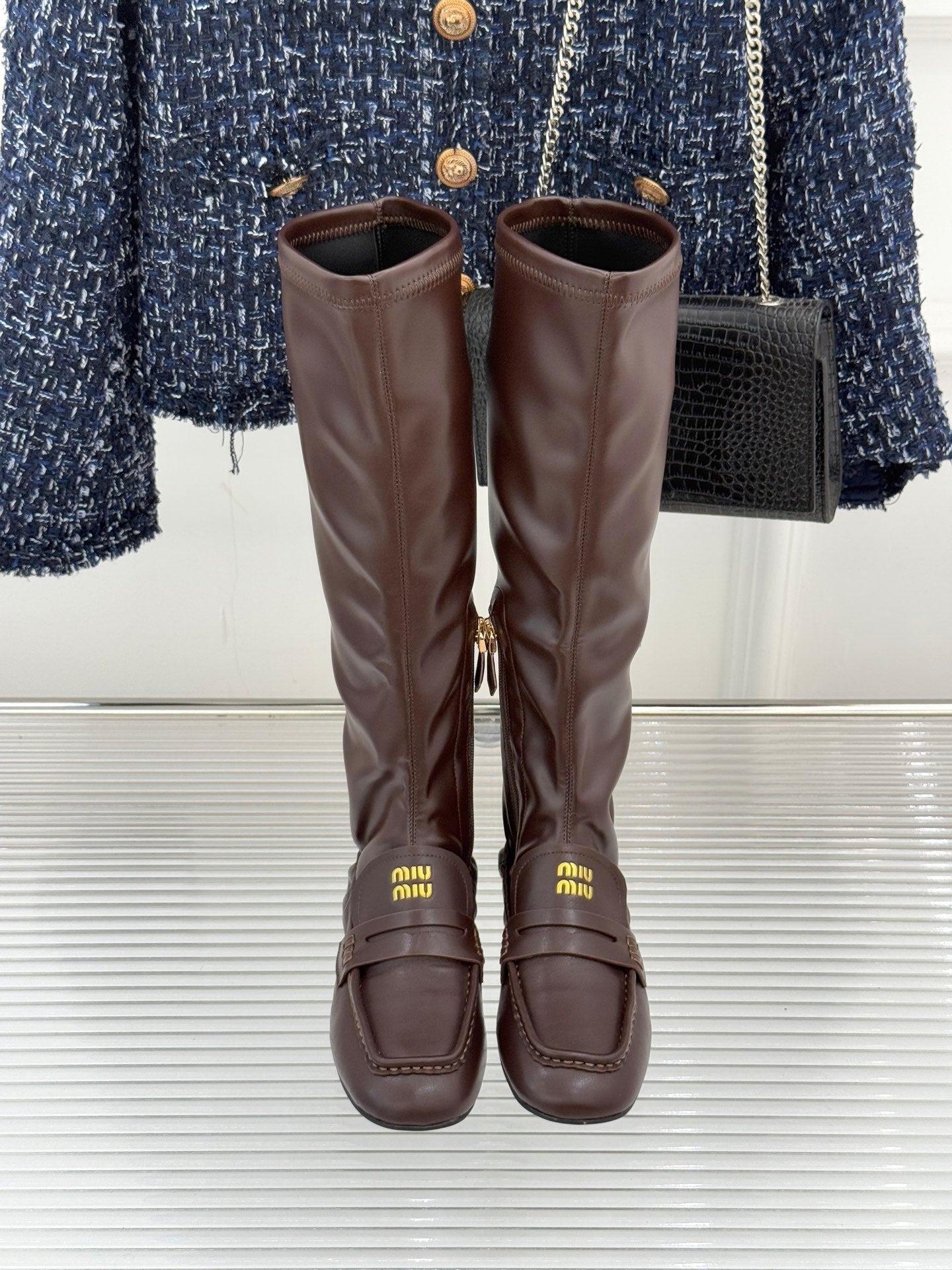 MiuMiu 25 loafer stretch boots brown calfskin 517336