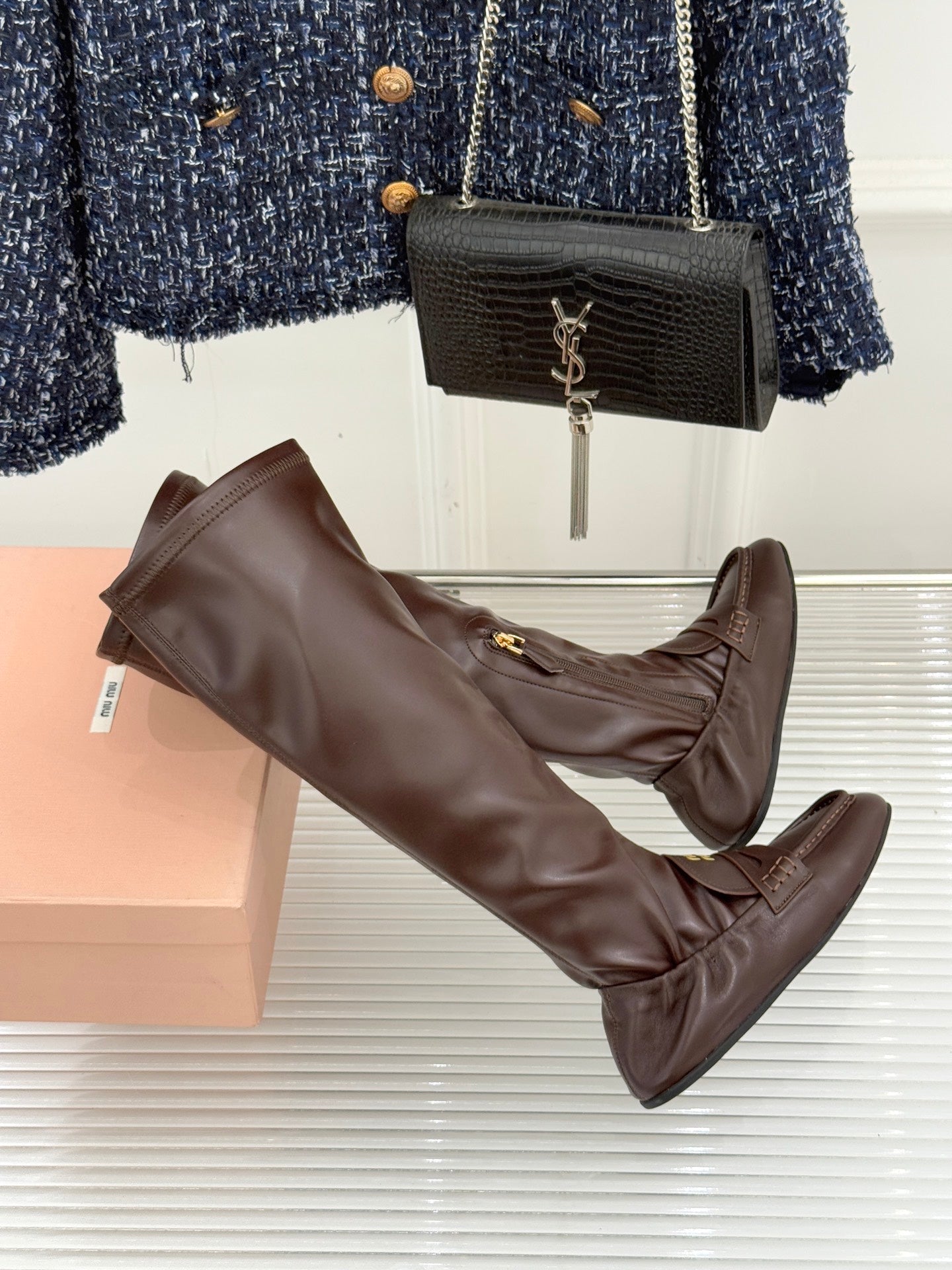 MiuMiu 25 loafer stretch boots brown calfskin 517336