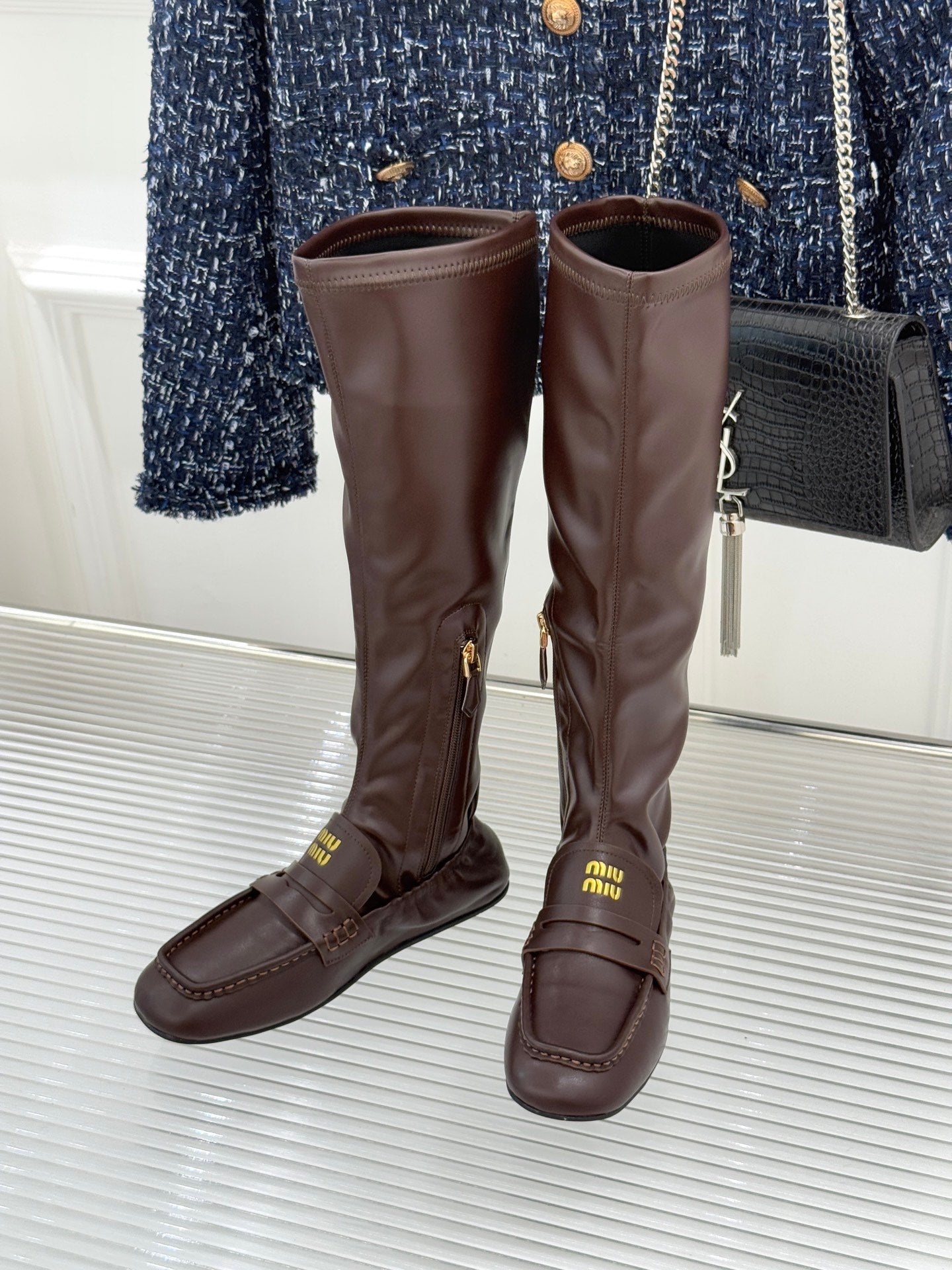 MiuMiu 25 loafer stretch boots brown calfskin 517336