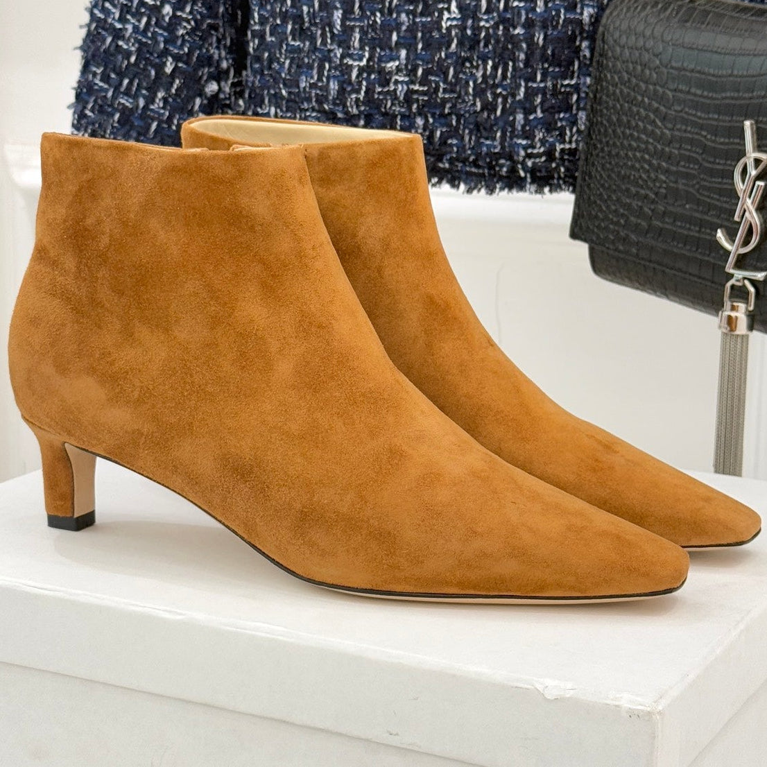 The Row 2025 Square Toe Kitten Heel Ankle Boot Camel Suede 572050