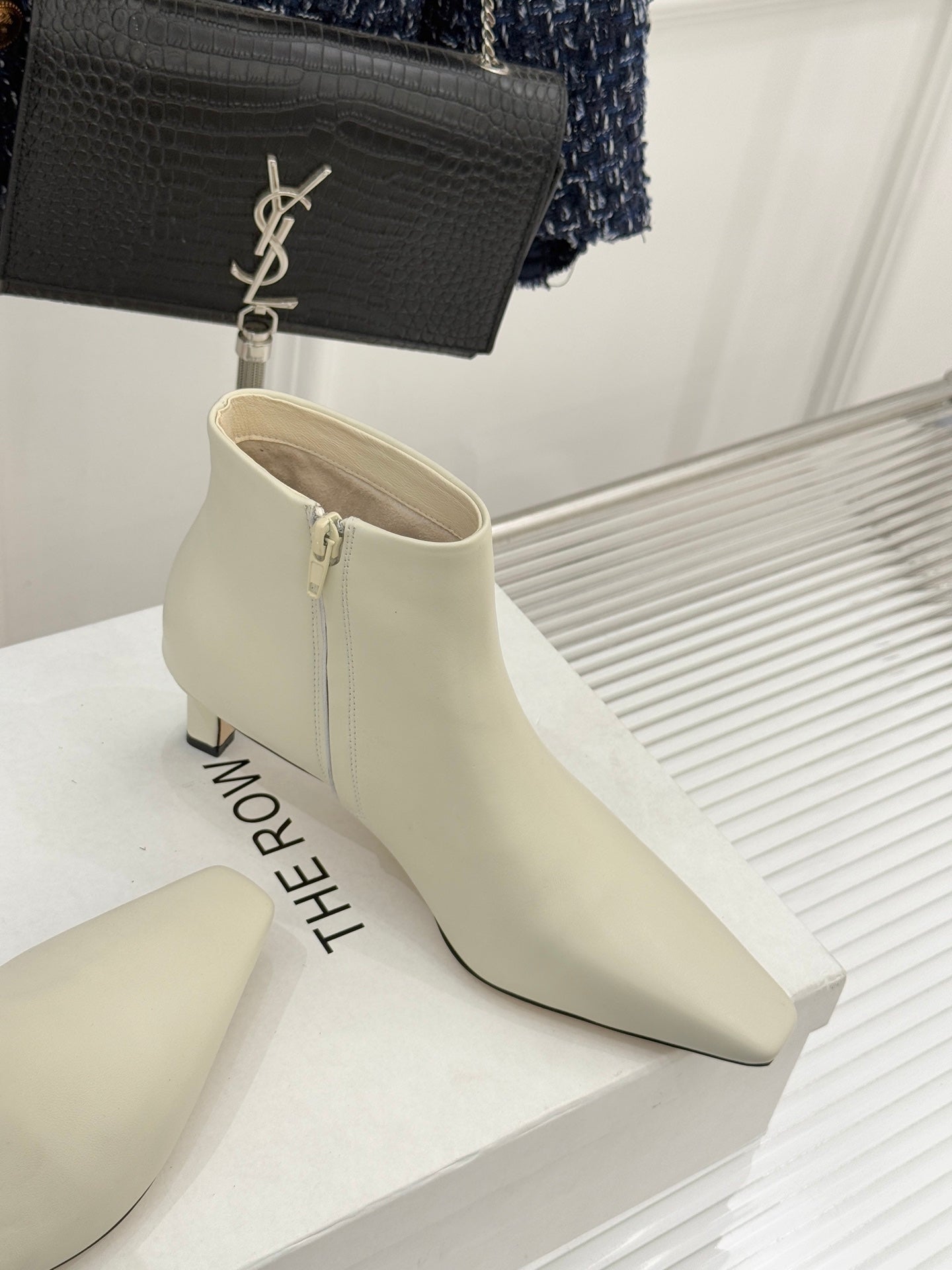 The Row 2025  Square Toe Kitten Heel Ankle Boot White Sheepskin 572053